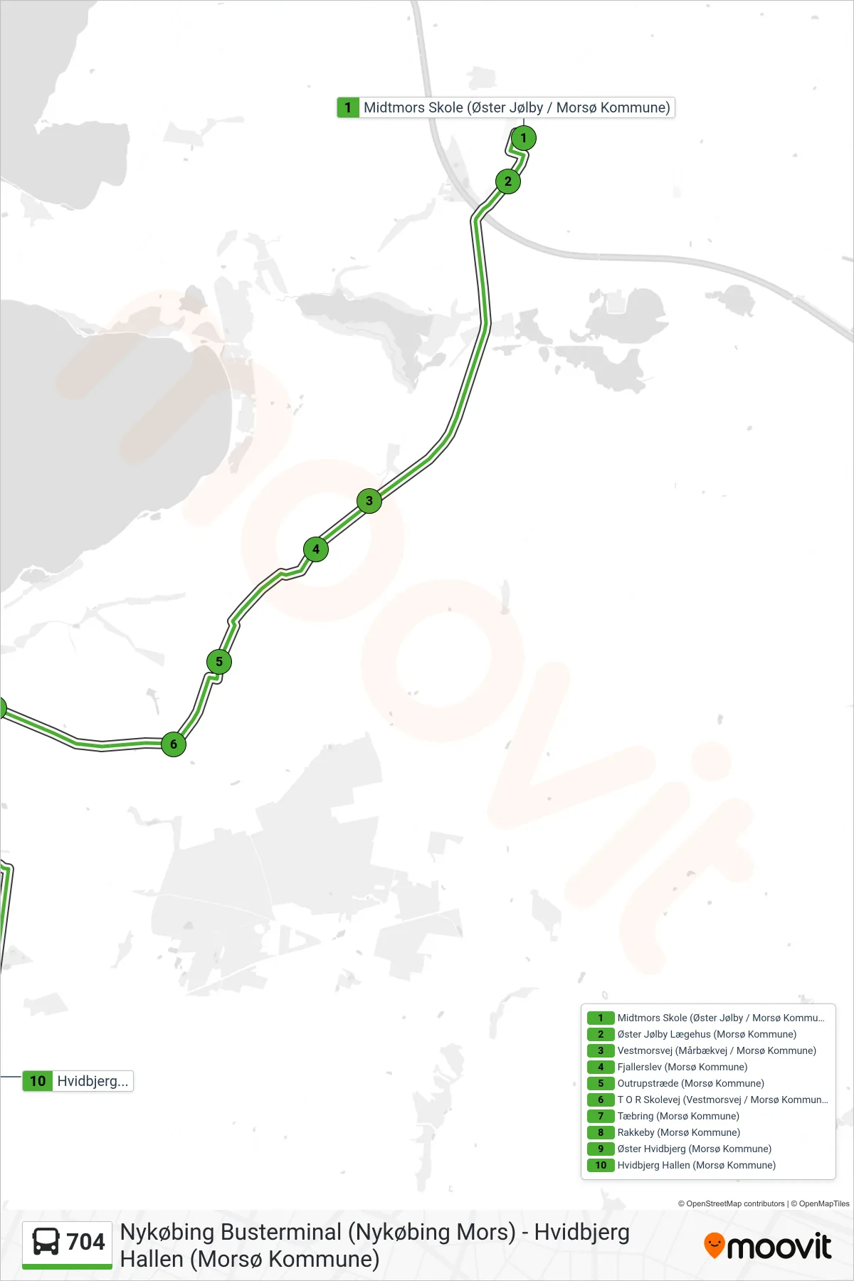 704 bus Linje (Hvidbjerg) rute og stop på et kort