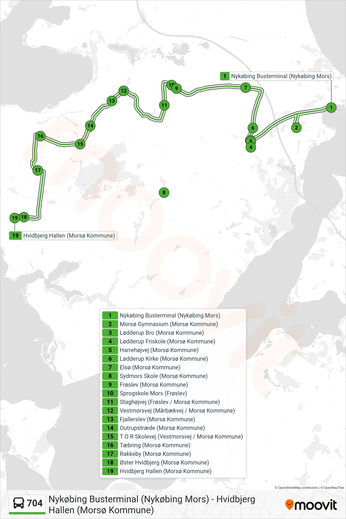 704 bus Linje (Hvidbjerg Hallen (Morsø Kommune)) rute og stop på et kort