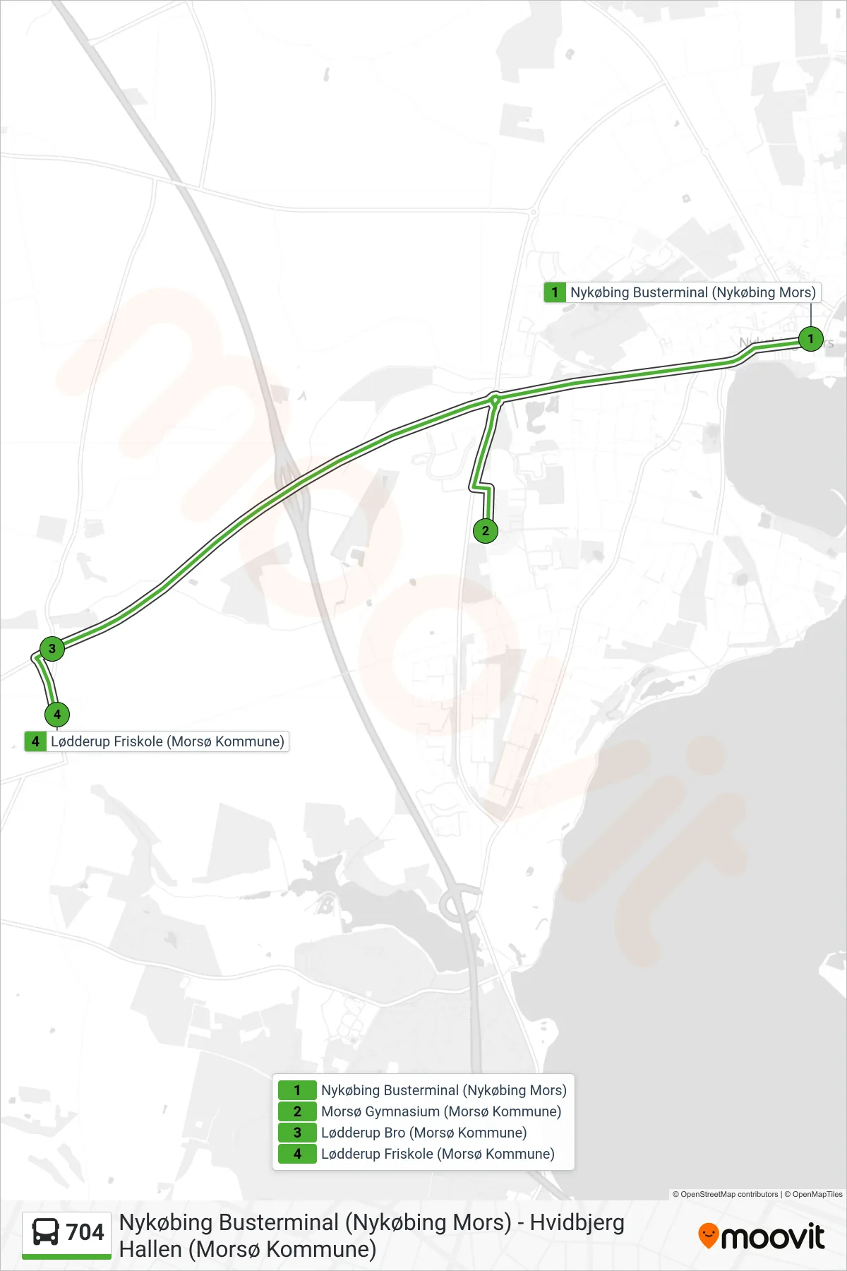 704 bus Linje (Lødderup) rute og stop på et kort