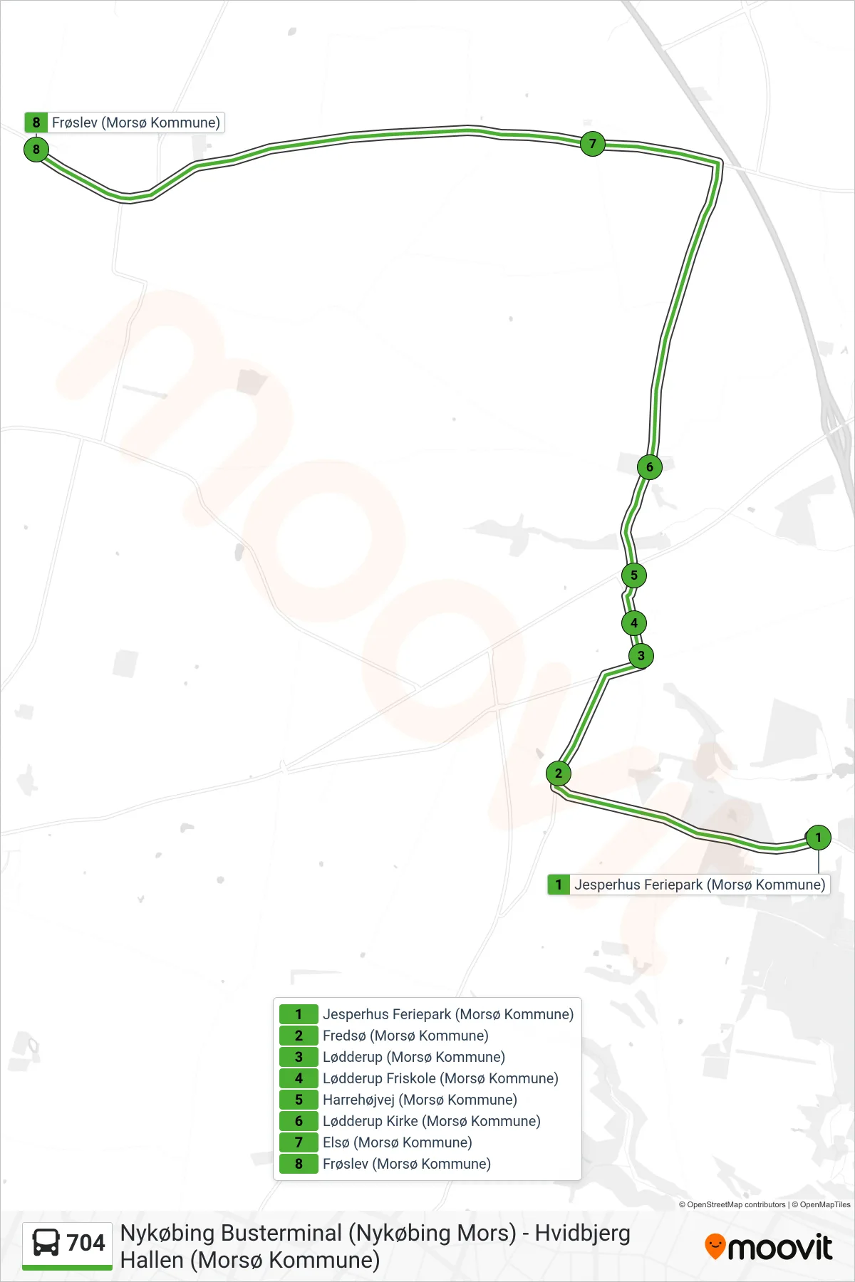 704 bus Linje (Frøslev) rute og stop på et kort