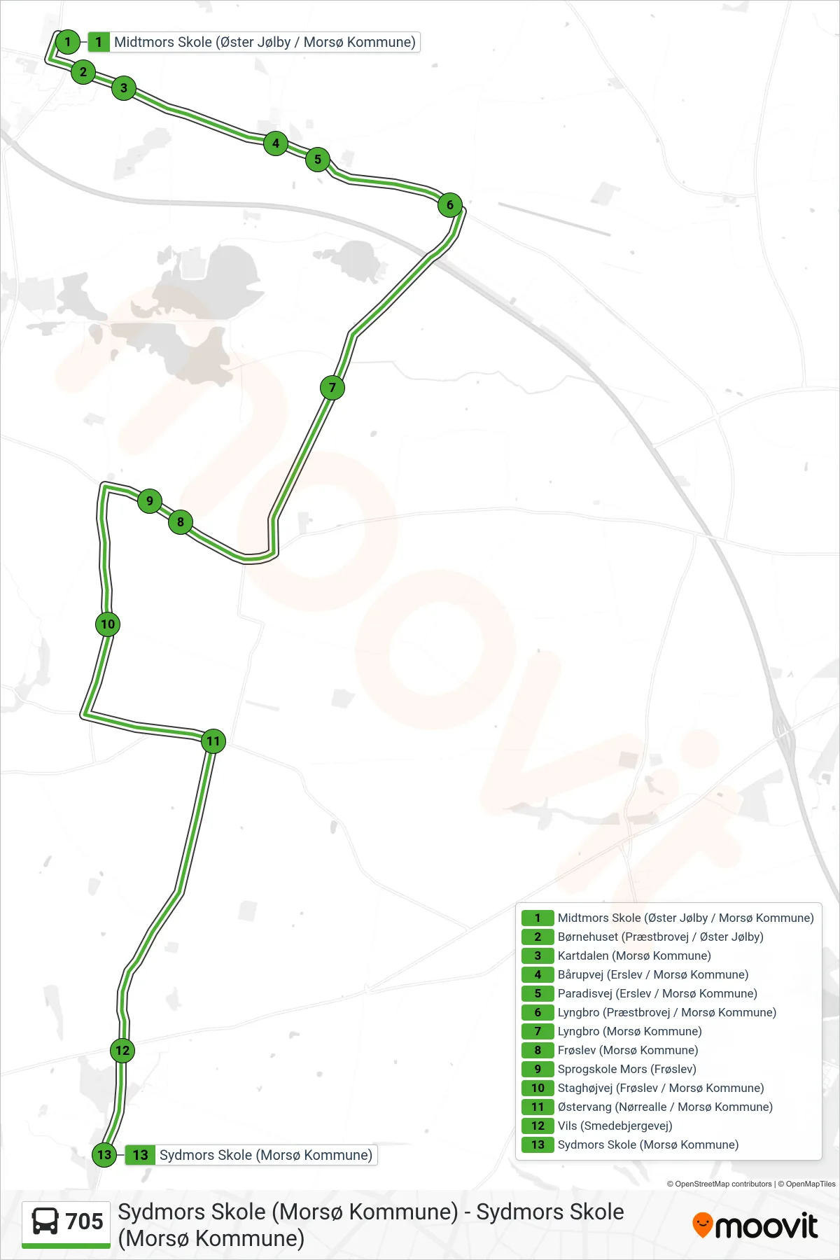 705 bus Linje (Vils / Sydmors Skole) rute og stop på et kort