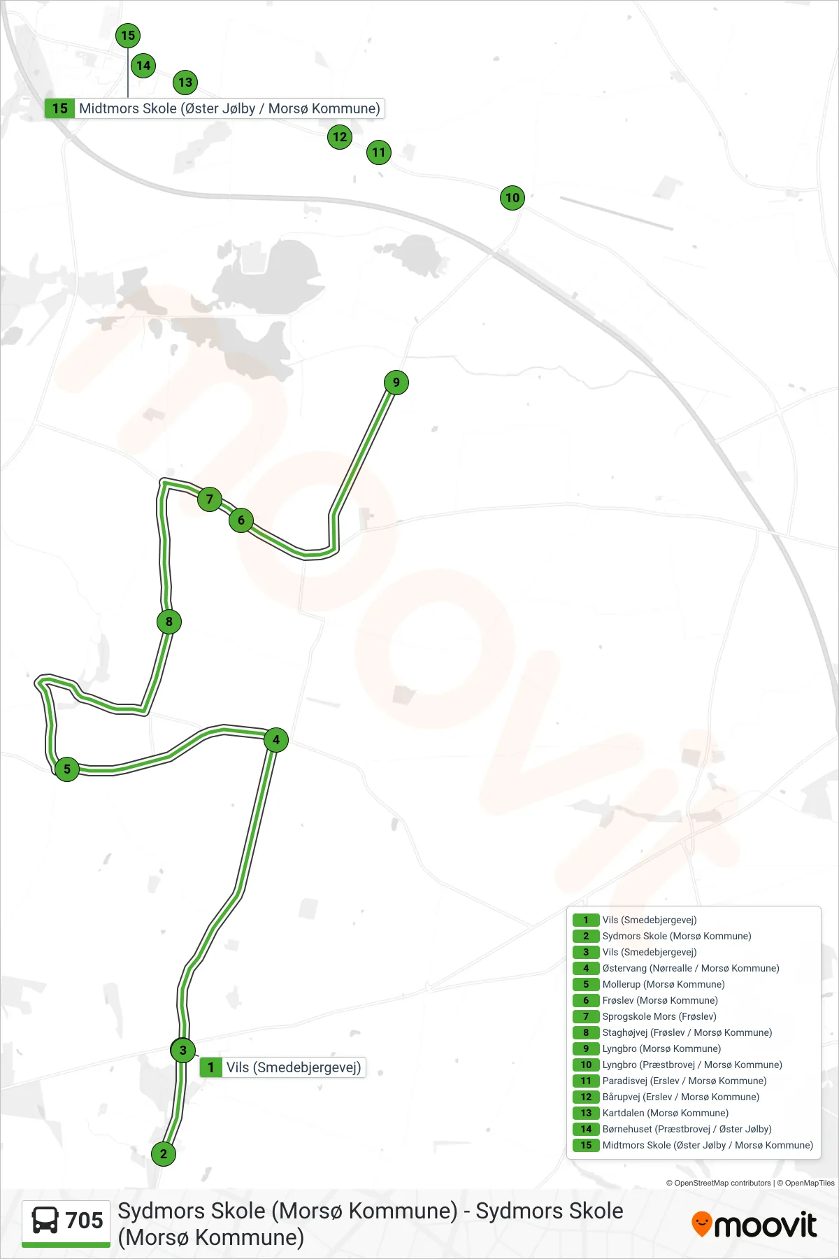 705 bus Line (Øster Jølby) route and stops on a map