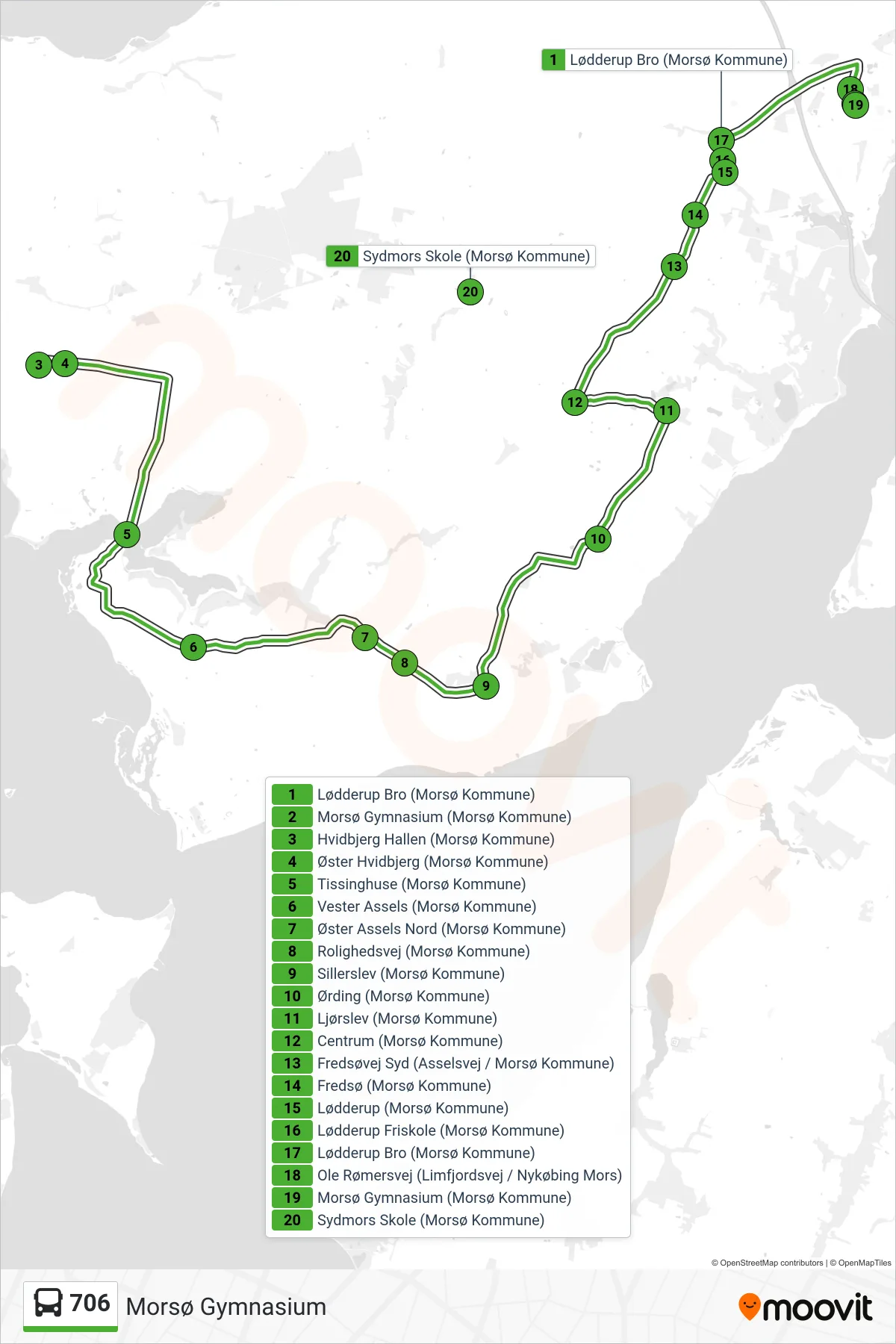 706 bus Linje (Morsø Gymnasium) rute og stop på et kort