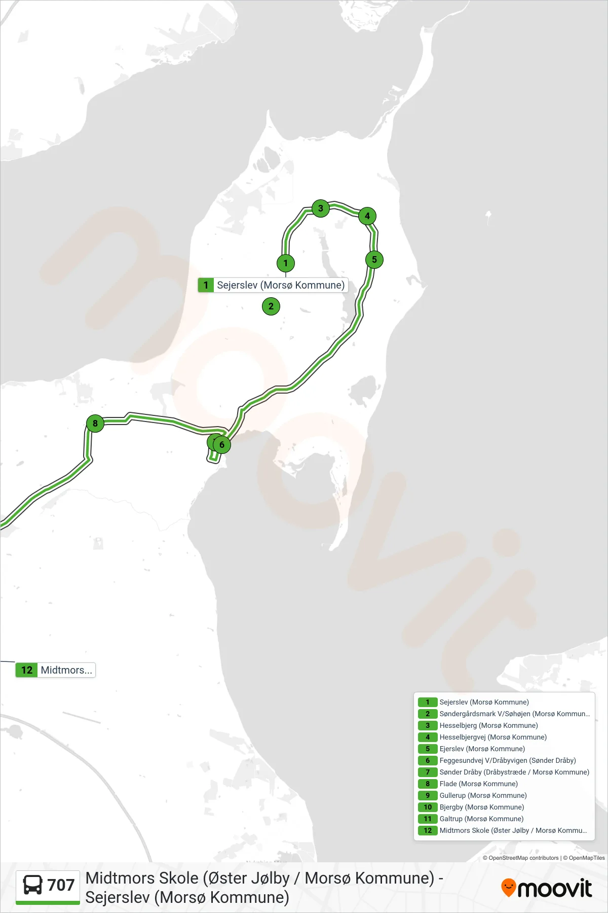 707 bus Linje (Øster Jølby) rute og stop på et kort