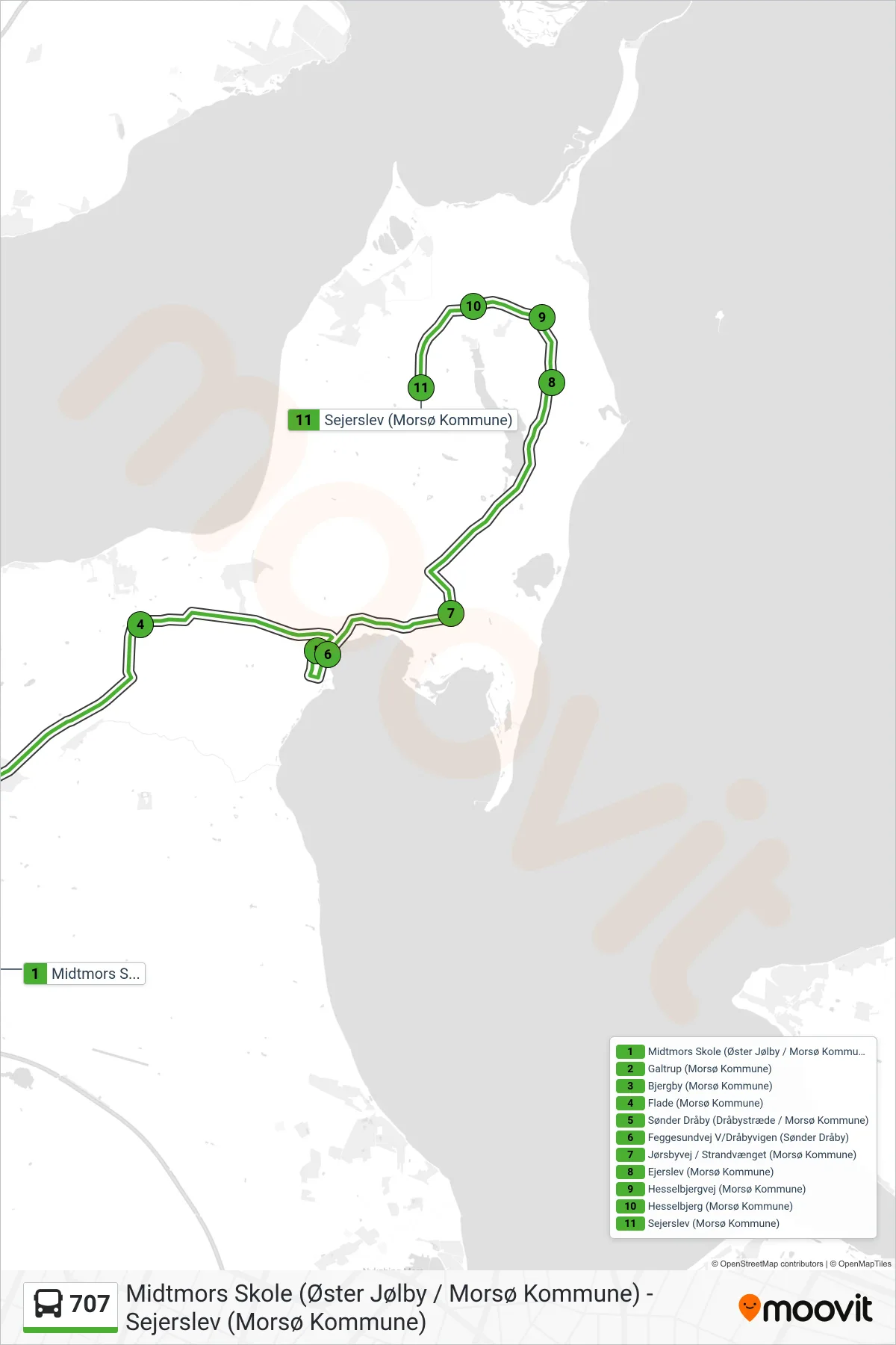 707 bus Linje (Sejerslev Via Ejerslev) rute og stop på et kort