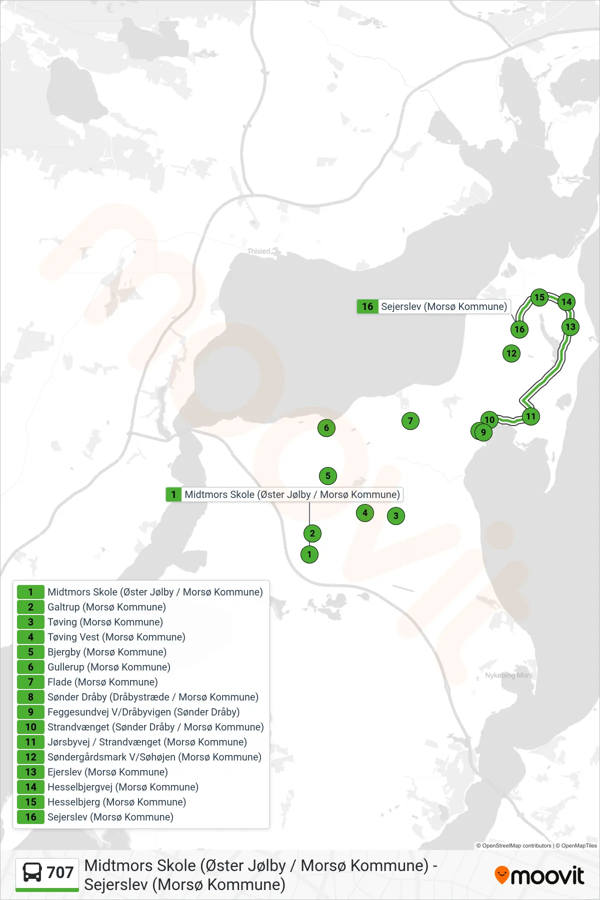 707 bus Linje (Sejerslev) rute og stop på et kort