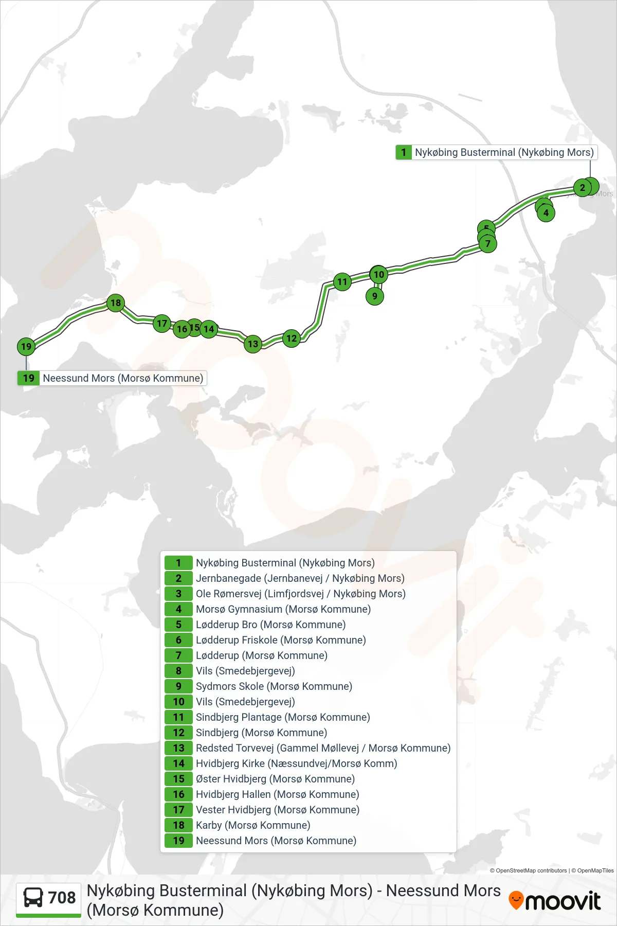 708 bus Linje (Mod vest) rute og stop på et kort