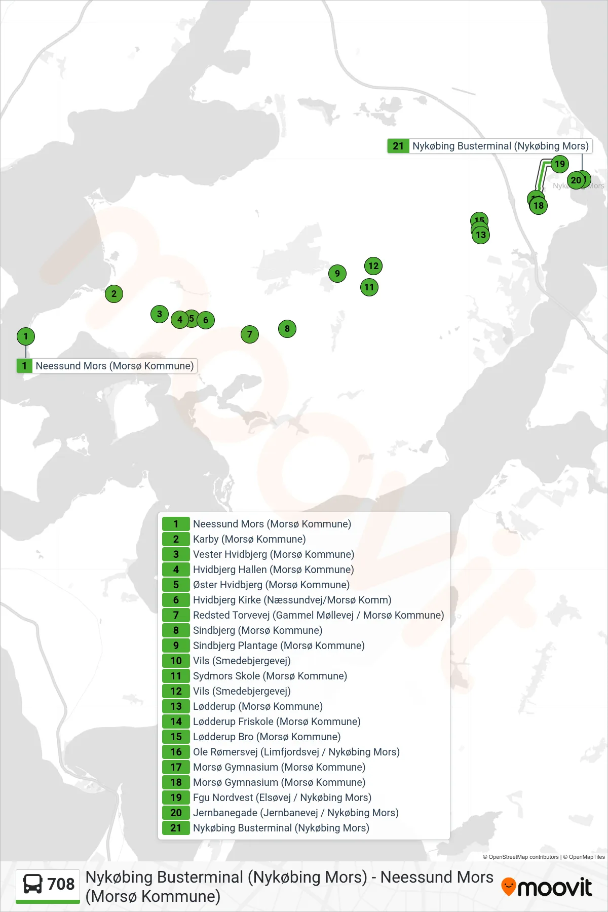 708 bus Linje (Mod øst) rute og stop på et kort