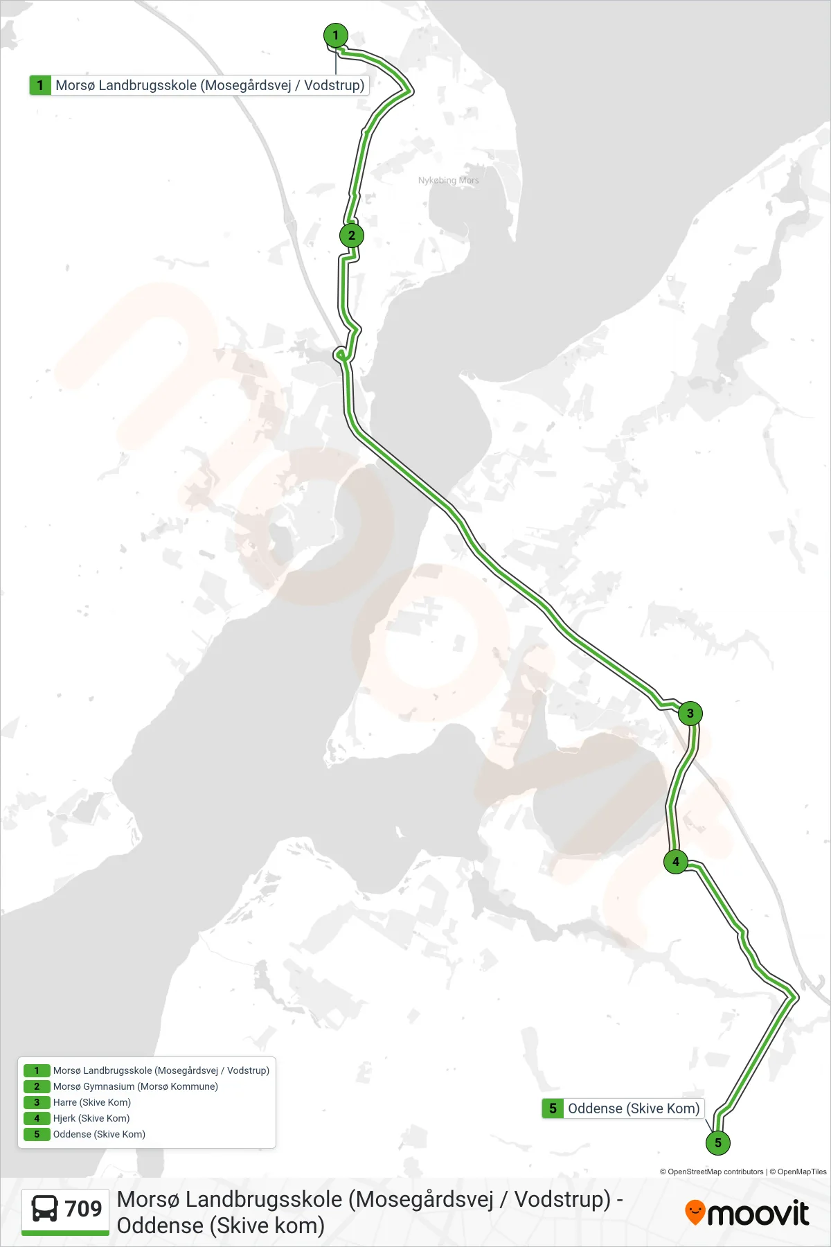 709 bus Line (Oddense) route and stops on a map
