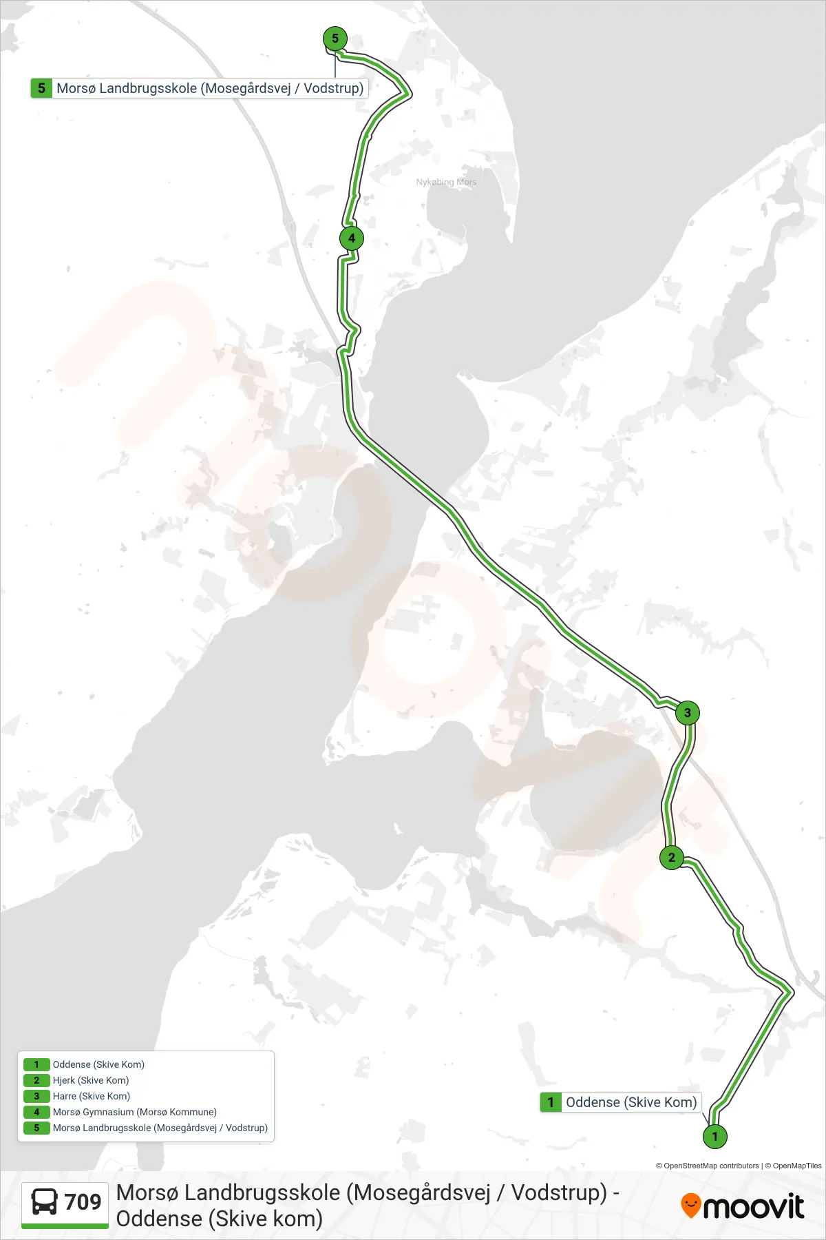 709 bus Linje (Morsø Gymnasium) rute og stop på et kort