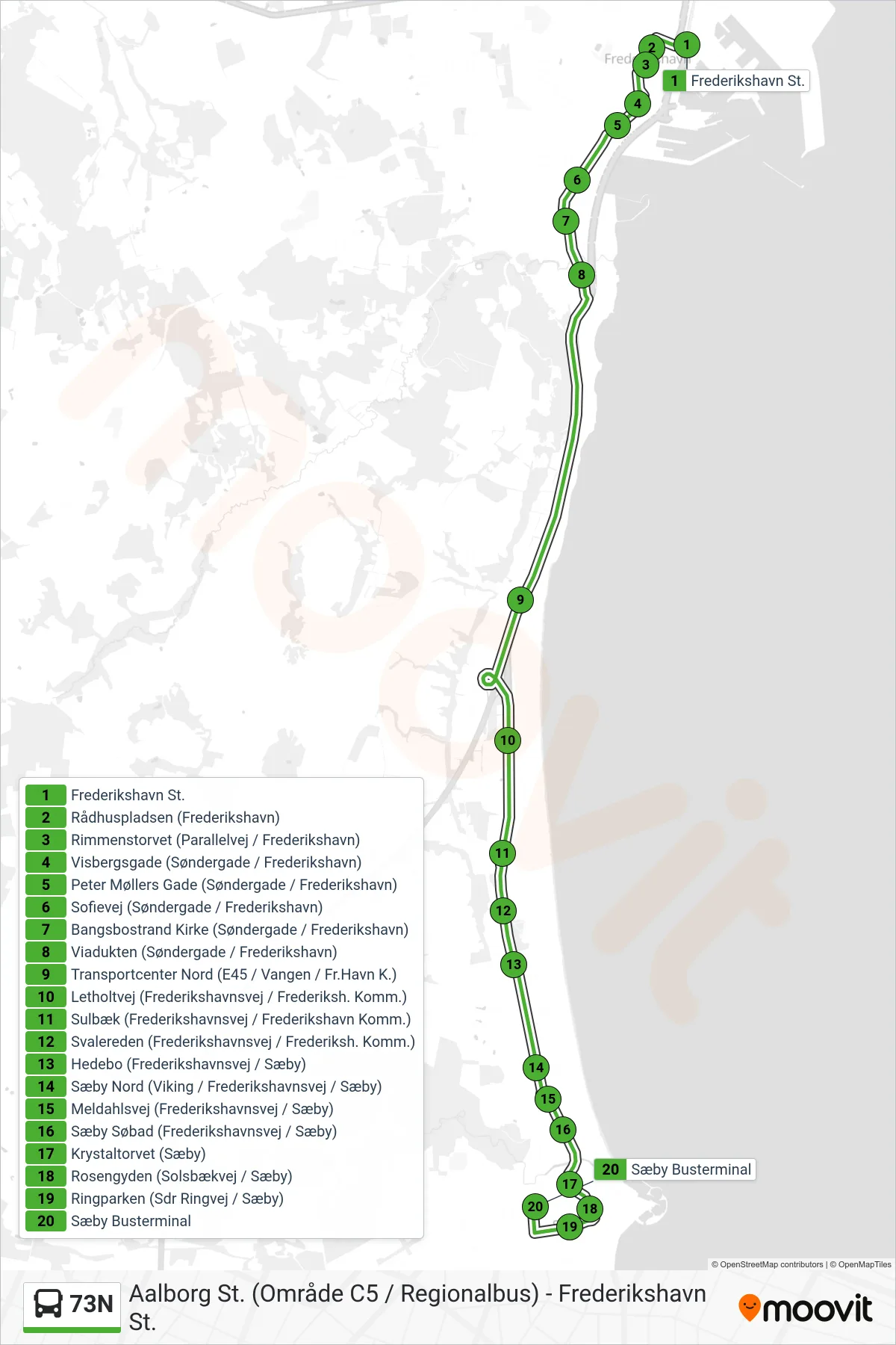 73N bus Line (Sæby) route and stops on a map