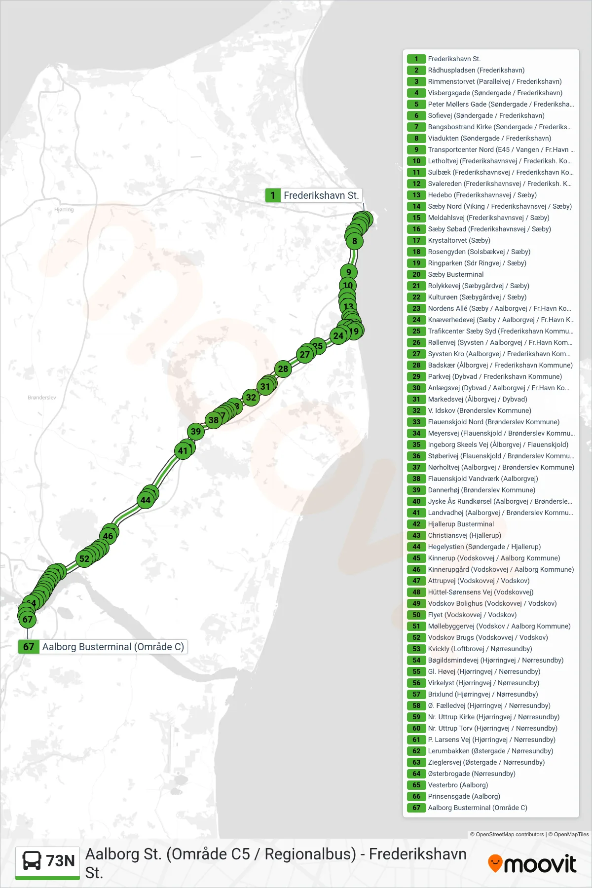73N bus Linje (Aalborg St.) rute og stop på et kort