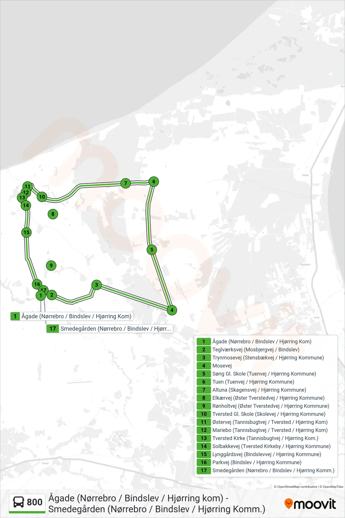 800 bus Linje (Bindslev) rute og stop på et kort