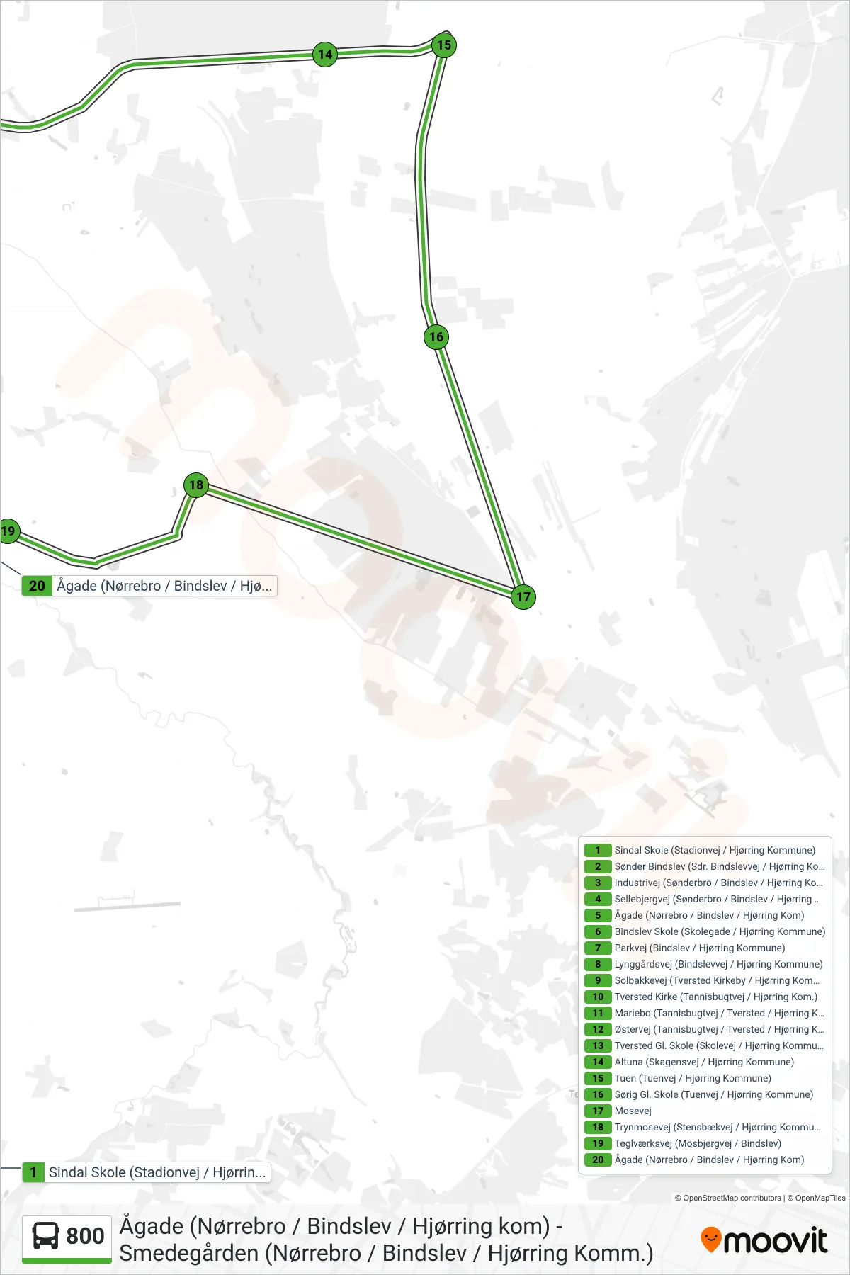 800 bus Linje (Tversted) rute og stop på et kort