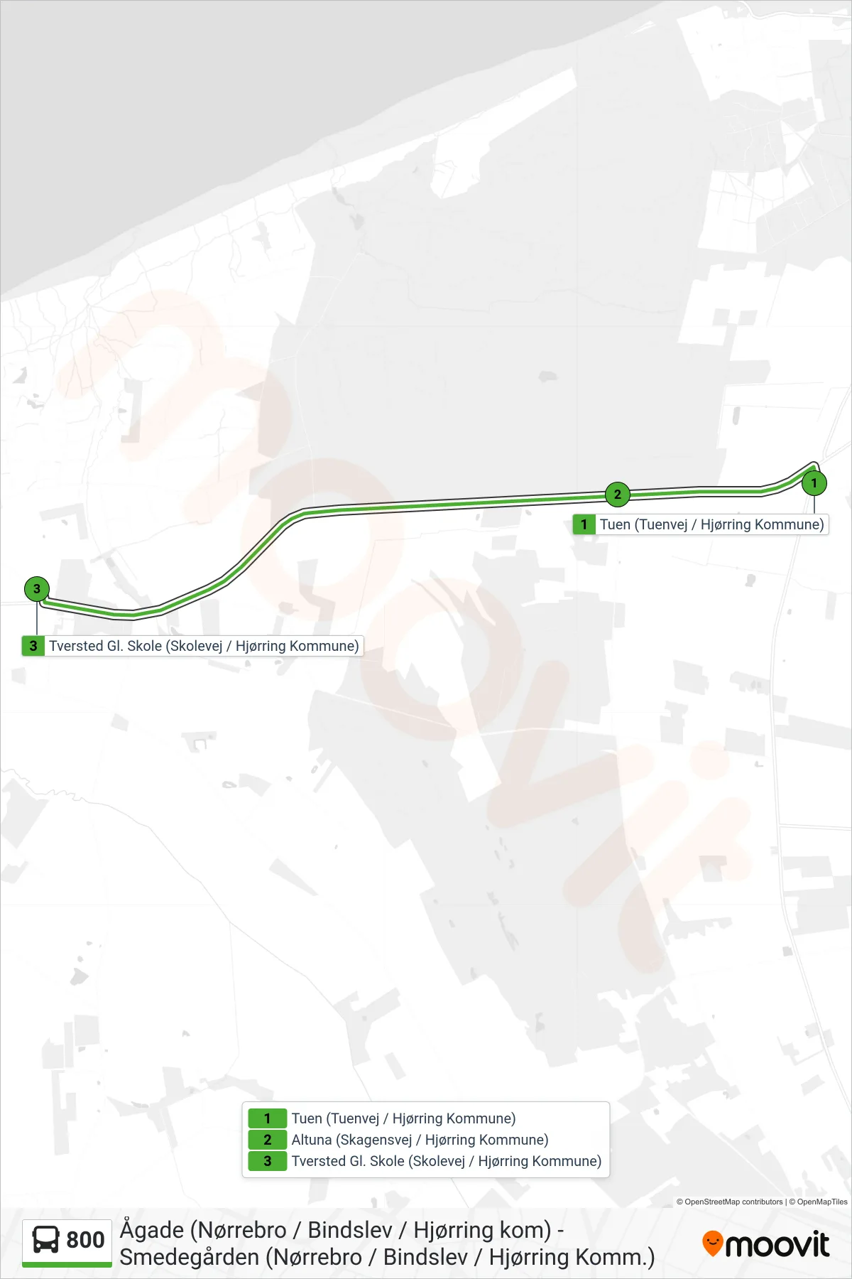 800 bus Linje (Tversted) rute og stop på et kort