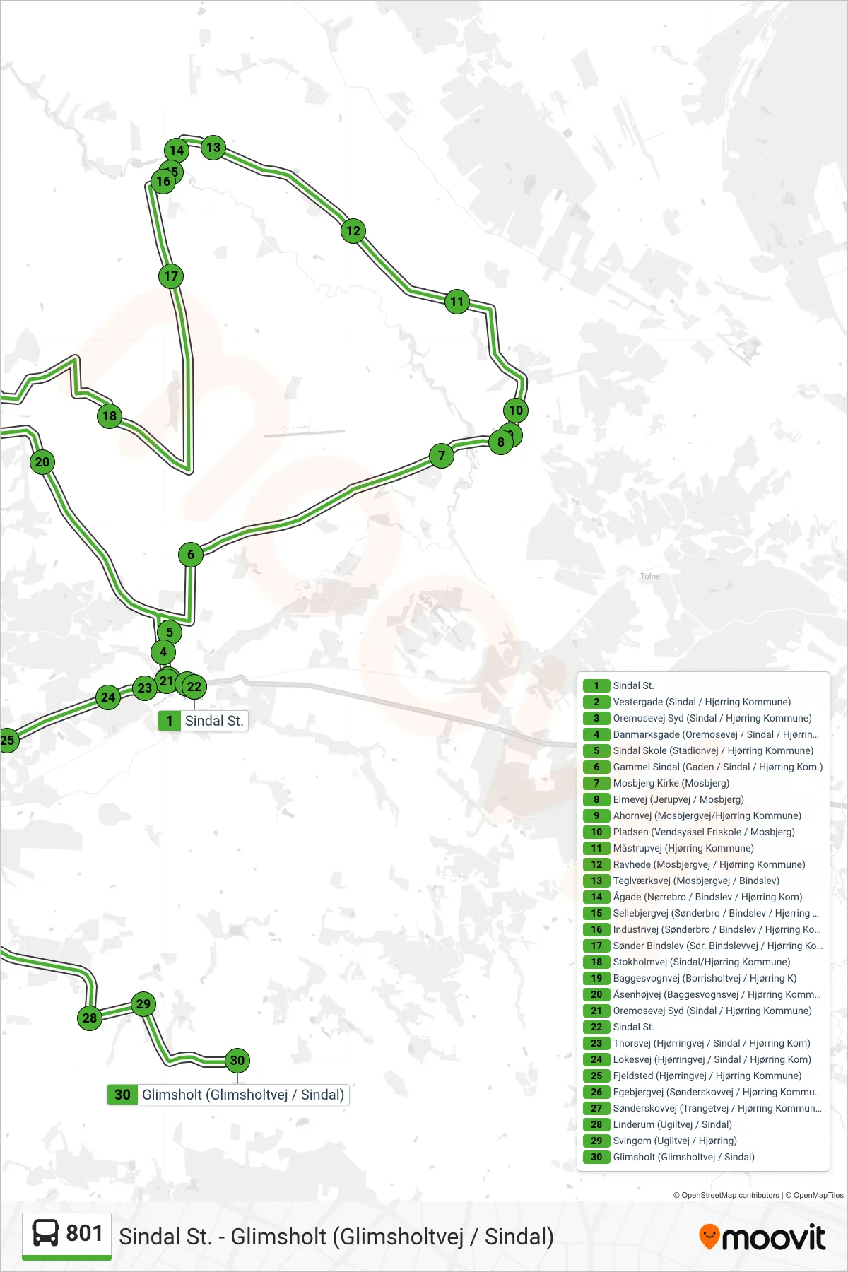801 bus Linje (Glimsholt (Glimsholtvej / Sindal)) rute og stop på et kort