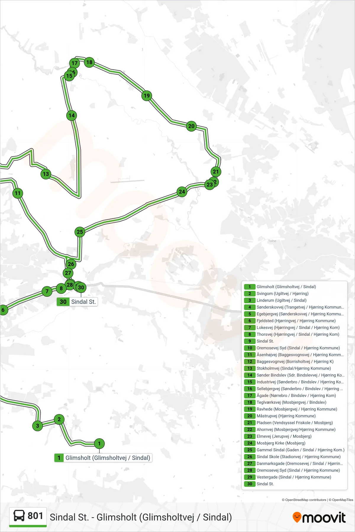 801 bus Linje (Sindal St.) rute og stop på et kort