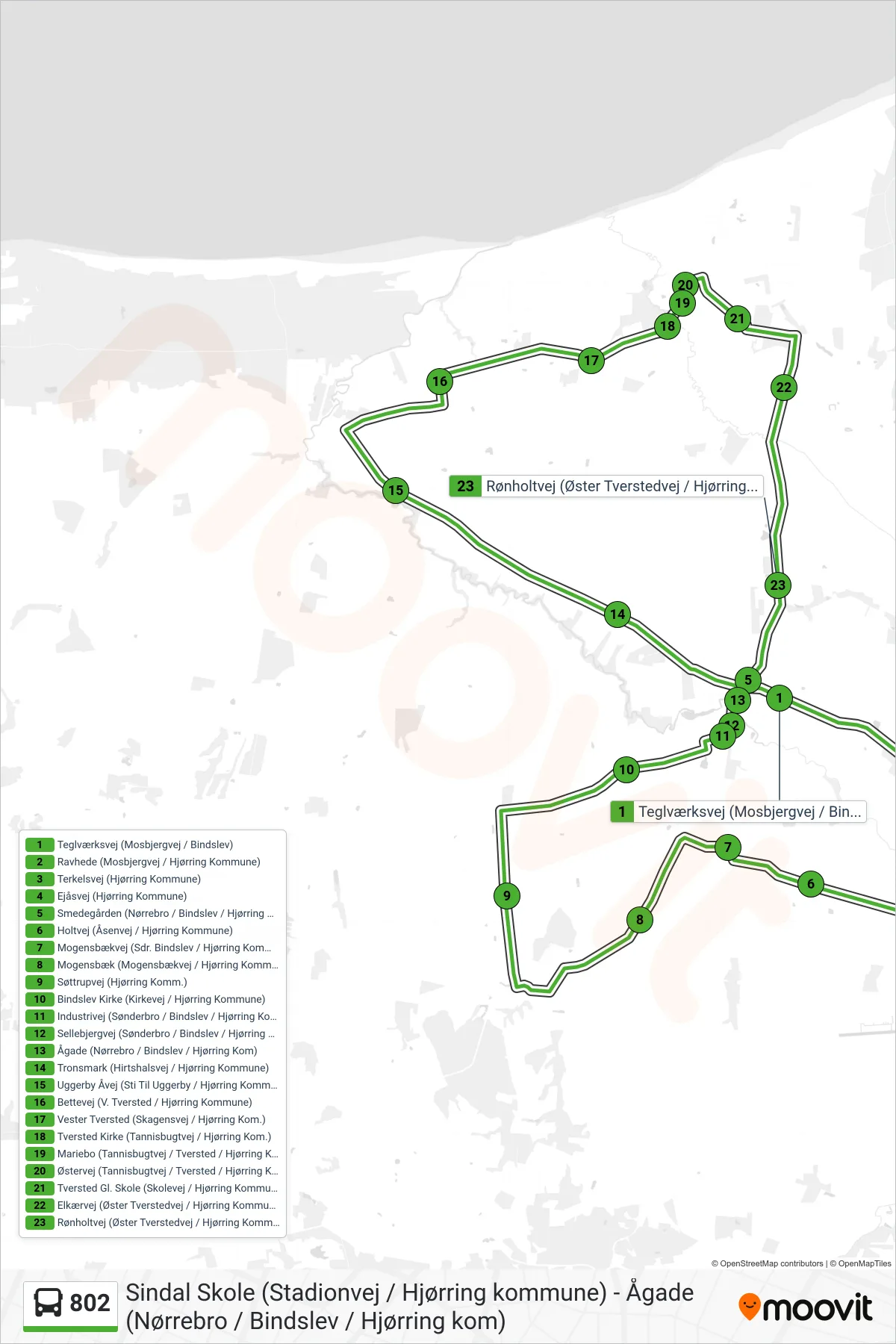 802 bus Linje (Bindslev) rute og stop på et kort