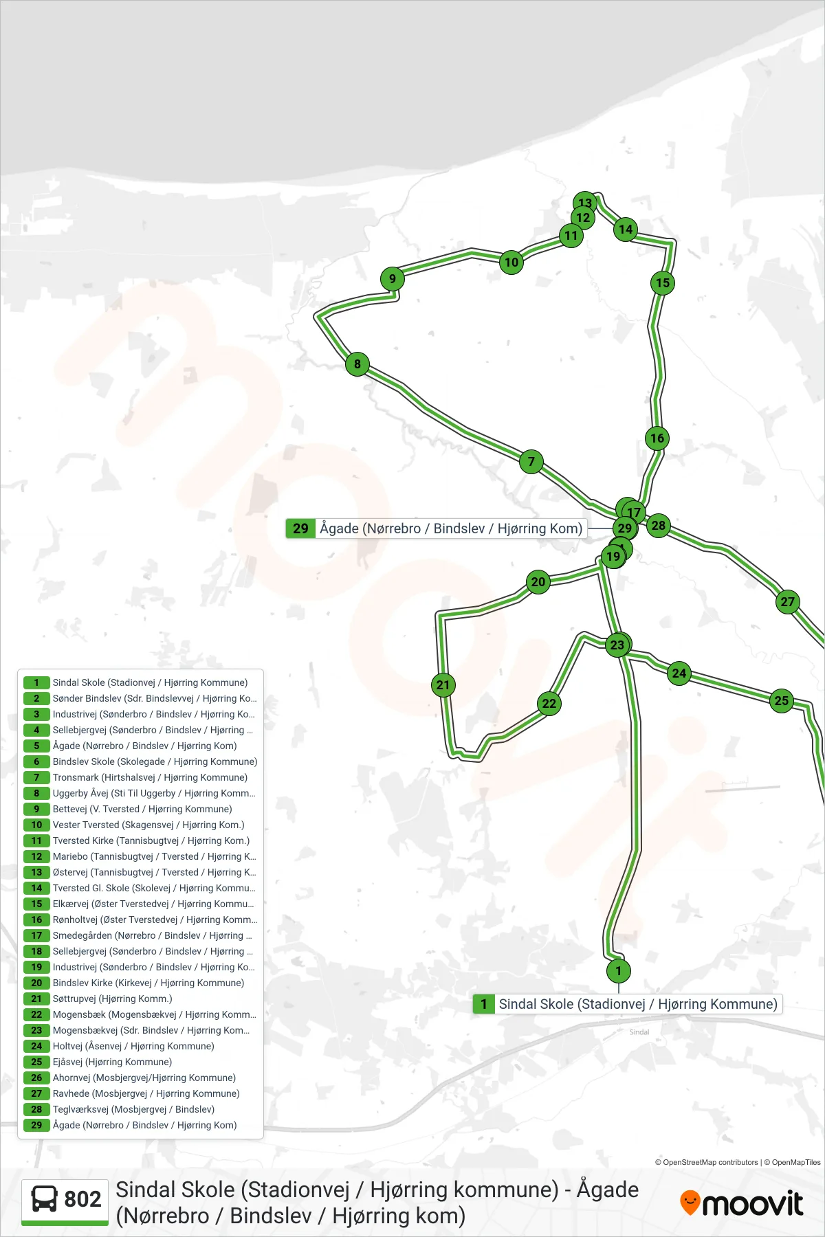802 bus Linje (Uggerby) rute og stop på et kort