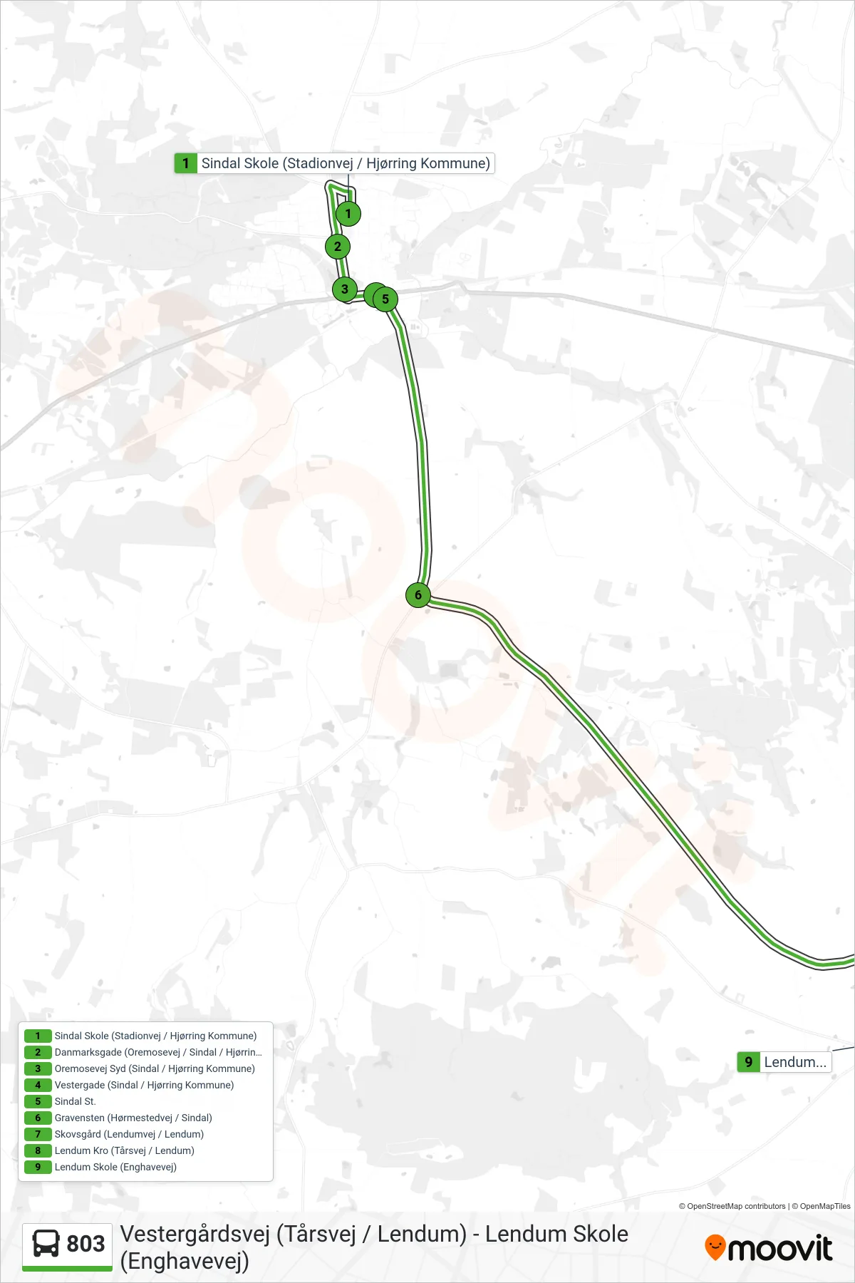 803 bus Linje (Lendum Skole (Enghavevej)) rute og stop på et kort