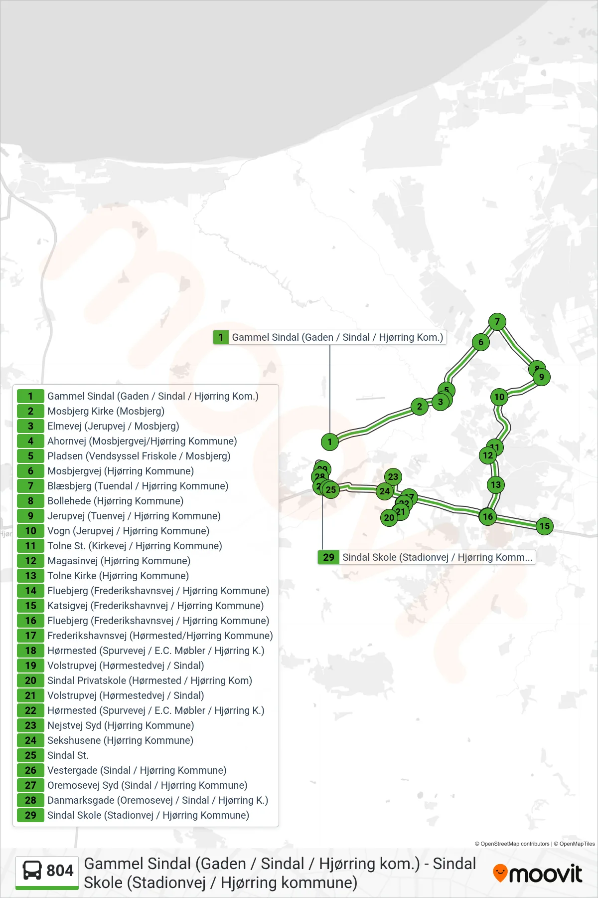804 bus Linje (Sindal Skole (Stadionvej / Hjørring Kommune)) rute og stop på et kort
