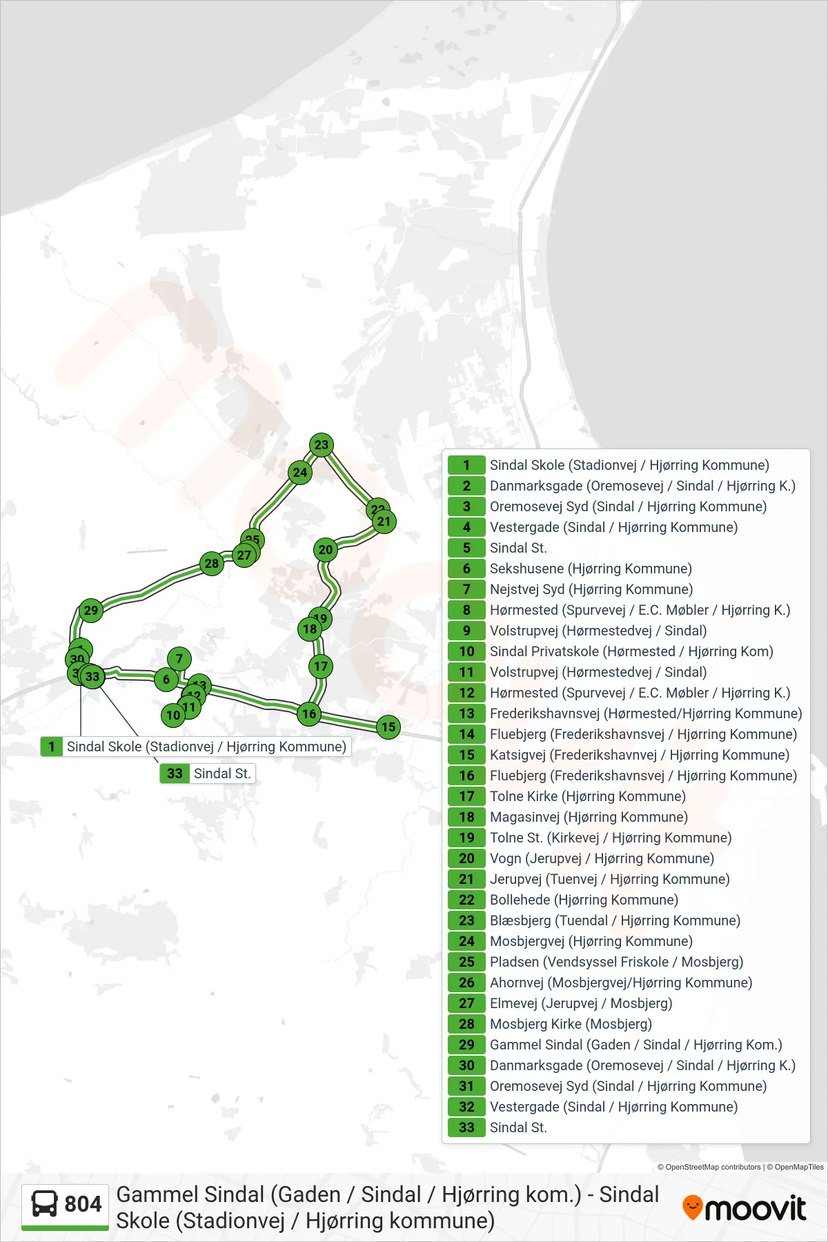 804 bus Linje (Sindal St.) rute og stop på et kort