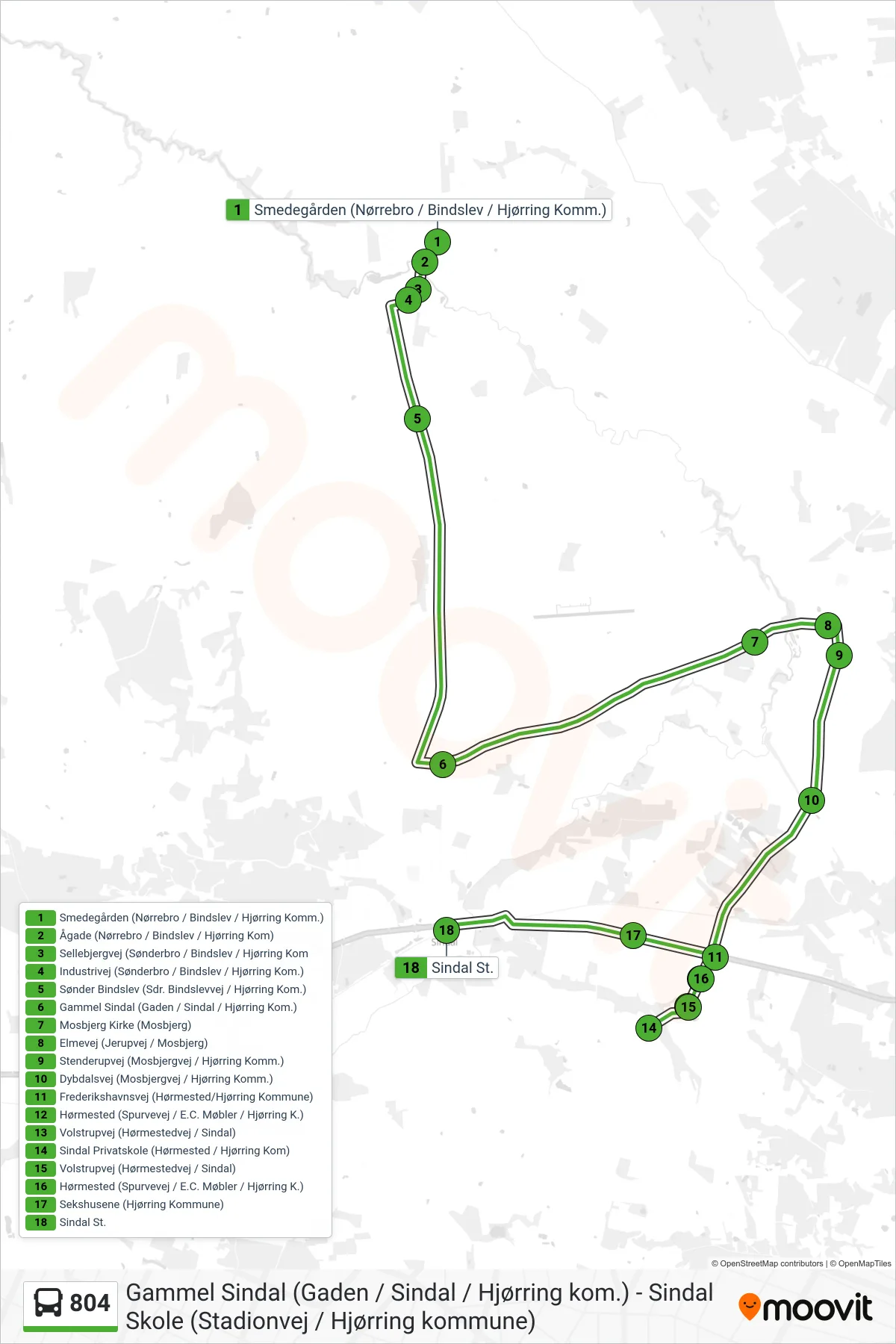 804 bus Linje (Sindal St.) rute og stop på et kort