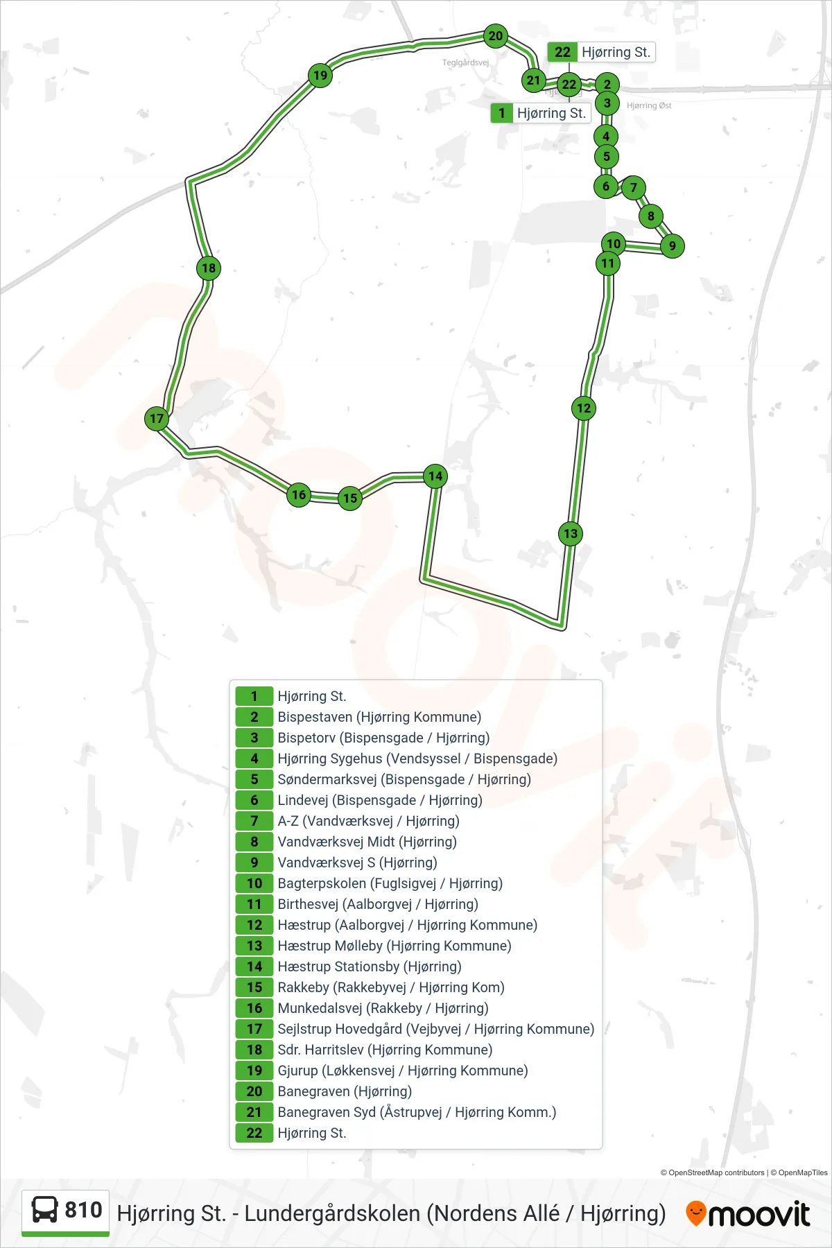 810 bus Linje (Hjørring Via Rakkeby/Harken) rute og stop på et kort