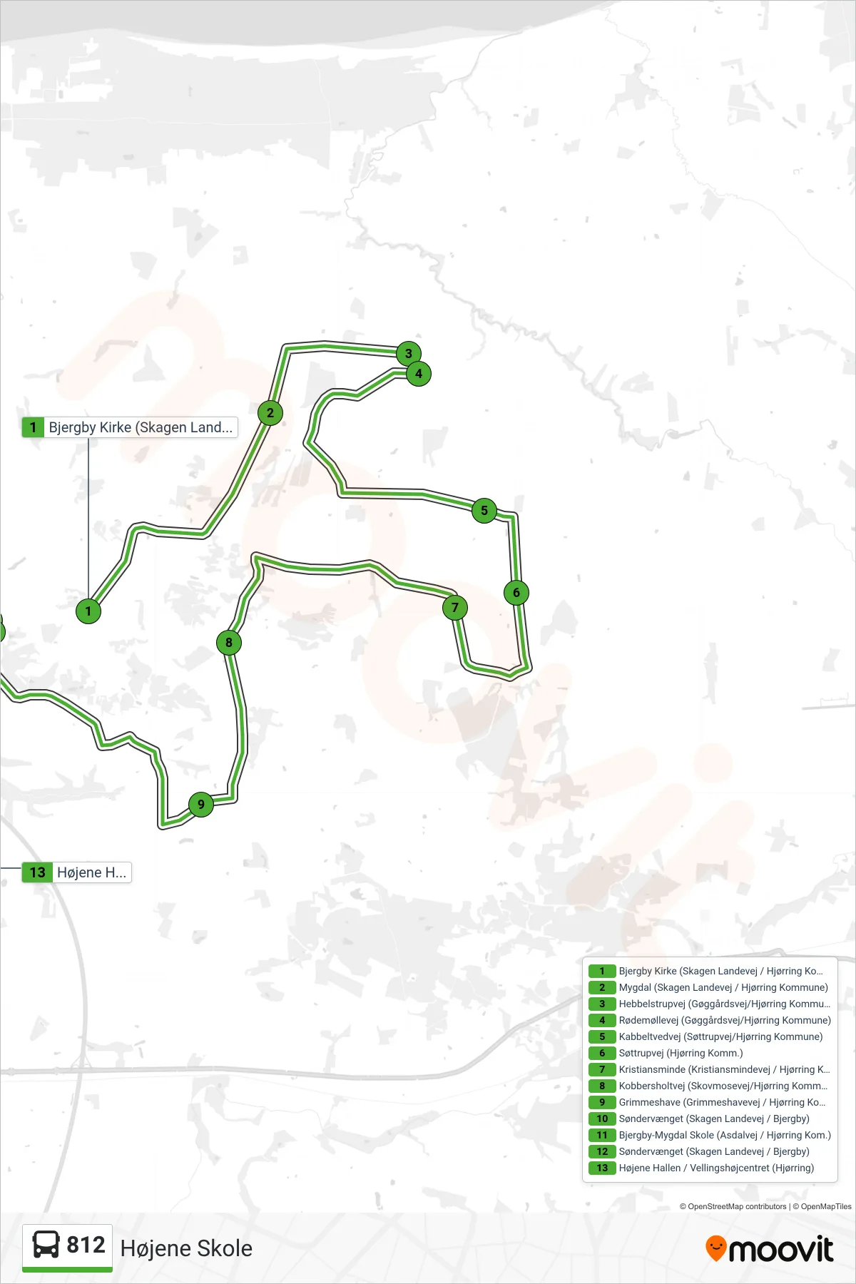812 bus Linje (Højene Skole) rute og stop på et kort