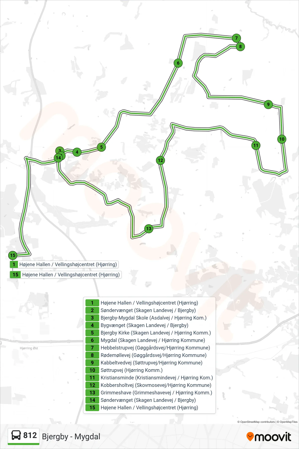 812 bus Linje (Bjergby - Mygdal) rute og stop på et kort