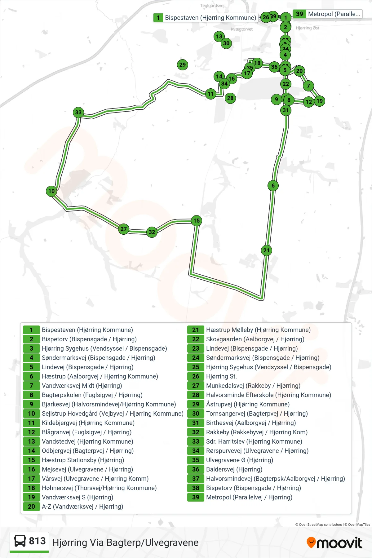 813 bus Linje (Hjørring Via Bagterp/Ulvegravene) rute og stop på et kort