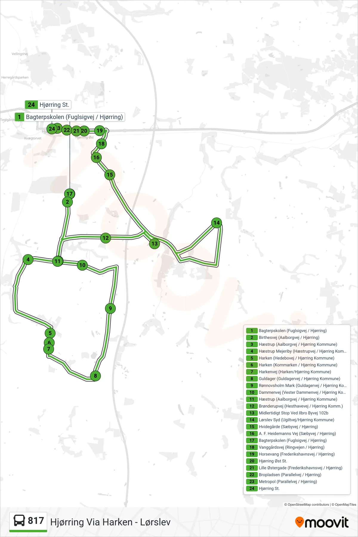 817 bus Linje (Hjørring Via Harken - Lørslev) rute og stop på et kort