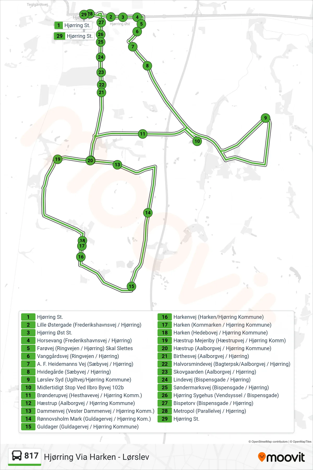 817 bus Linje (Hjørring Via Harken - Lørslev) rute og stop på et kort