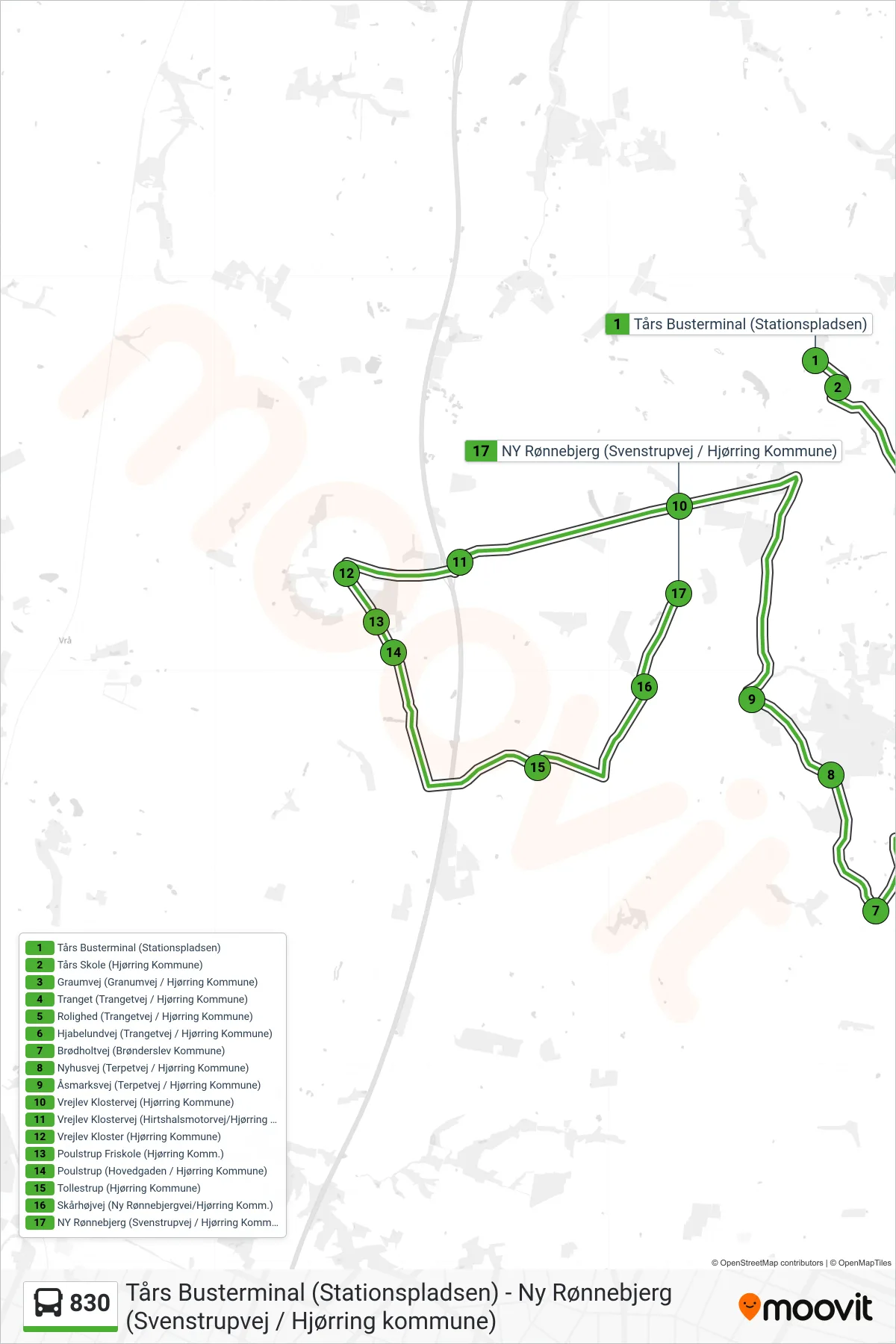 830 bus Linje (NY Rønnebjerg (Svenstrupvej / Hjørring Kommune)) rute og stop på et kort