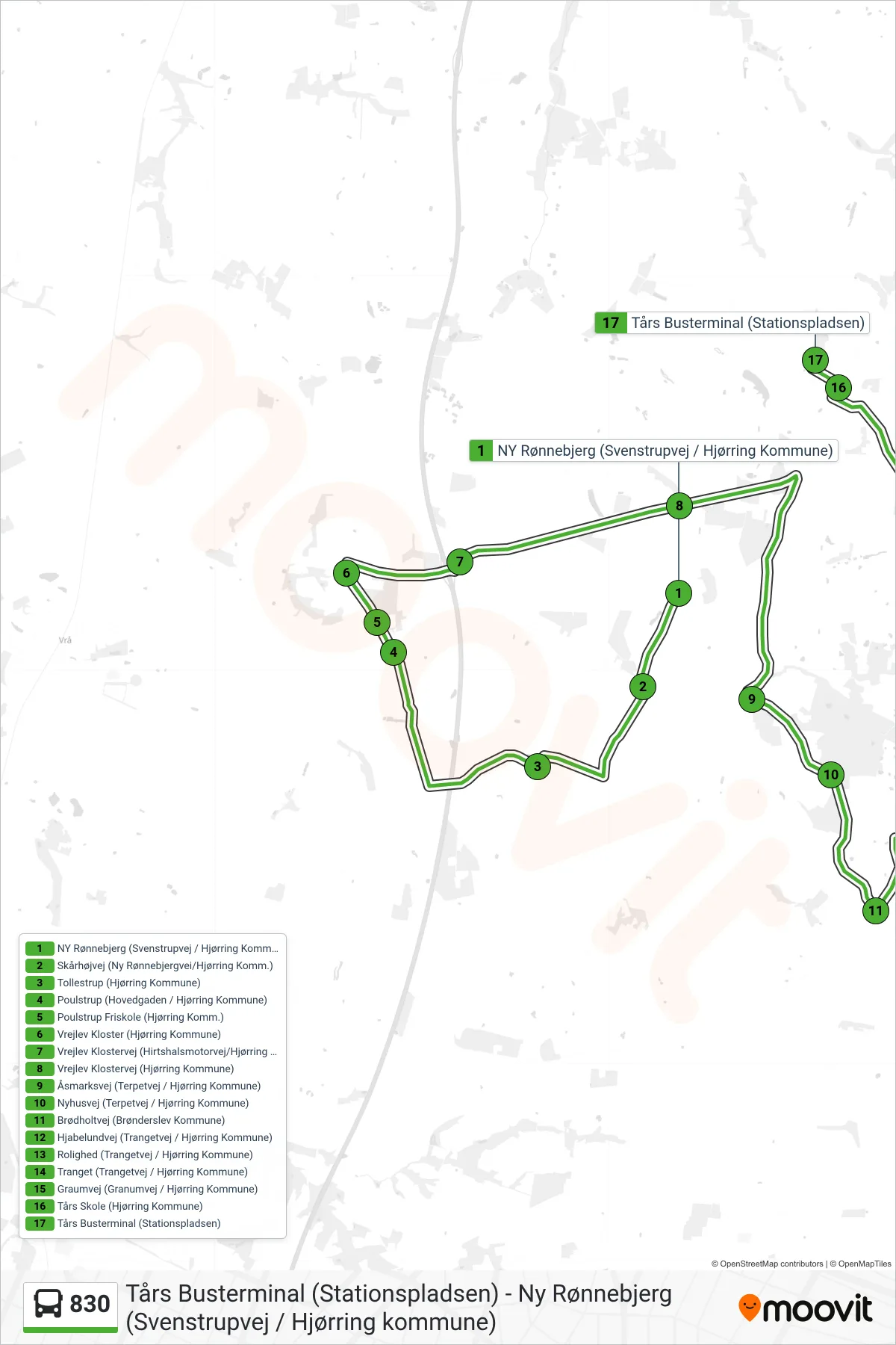830 bus Linje (Tårs) rute og stop på et kort