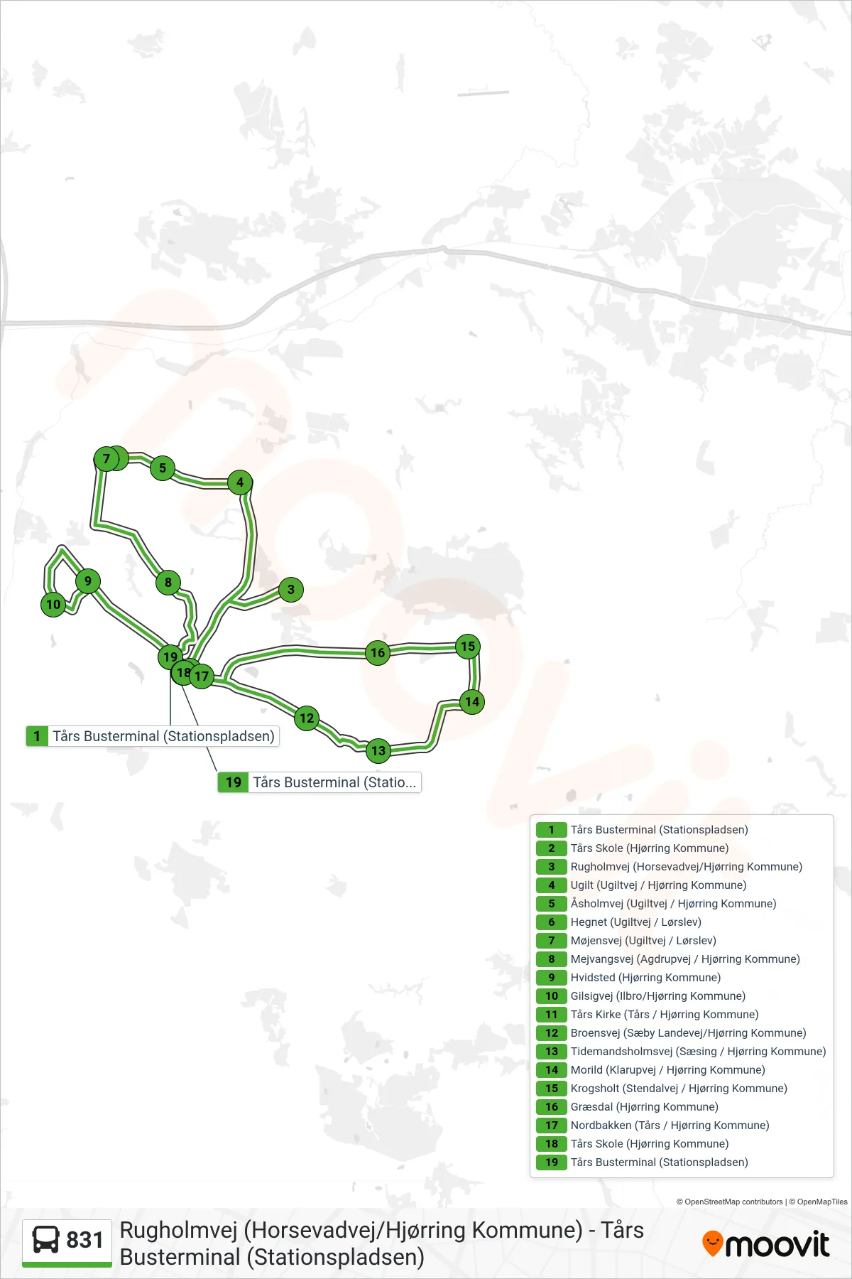 831 bus Linje (Tårs Busterminal (Stationspladsen)) rute og stop på et kort
