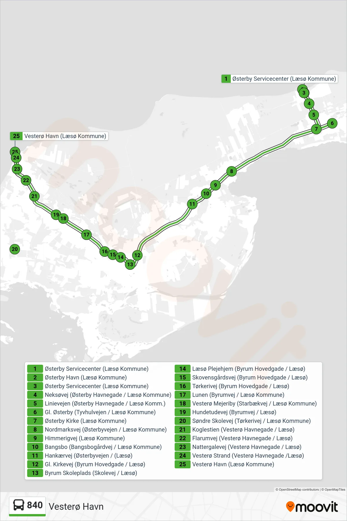 840 bus Linje (Vesterø Havn) rute og stop på et kort