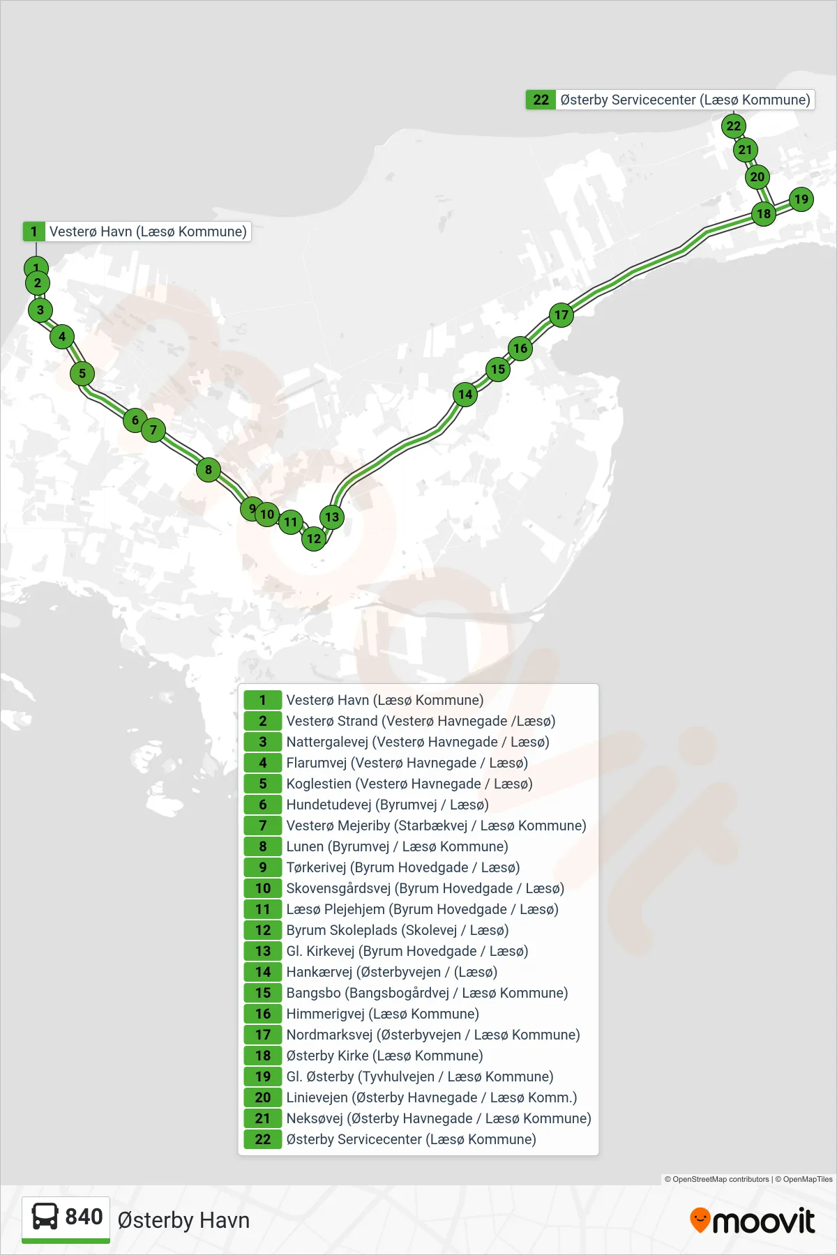 840 bus Linje (Østerby Havn) rute og stop på et kort