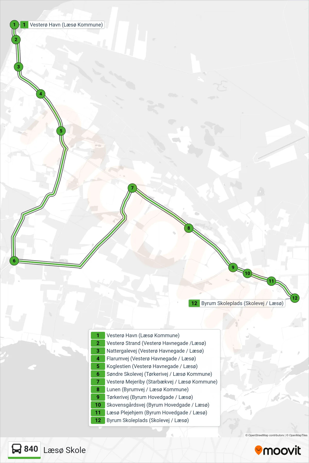 840 bus Linje (Læsø Skole) rute og stop på et kort