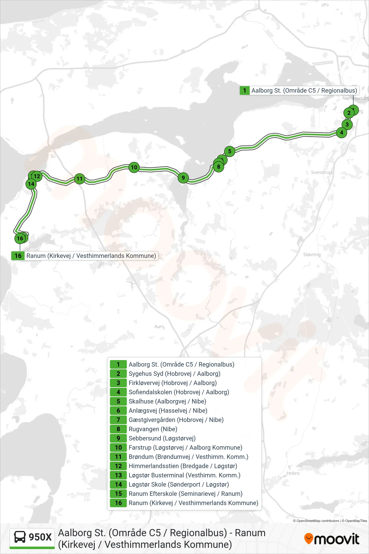 950X bus Line (Ranum) route and stops on a map