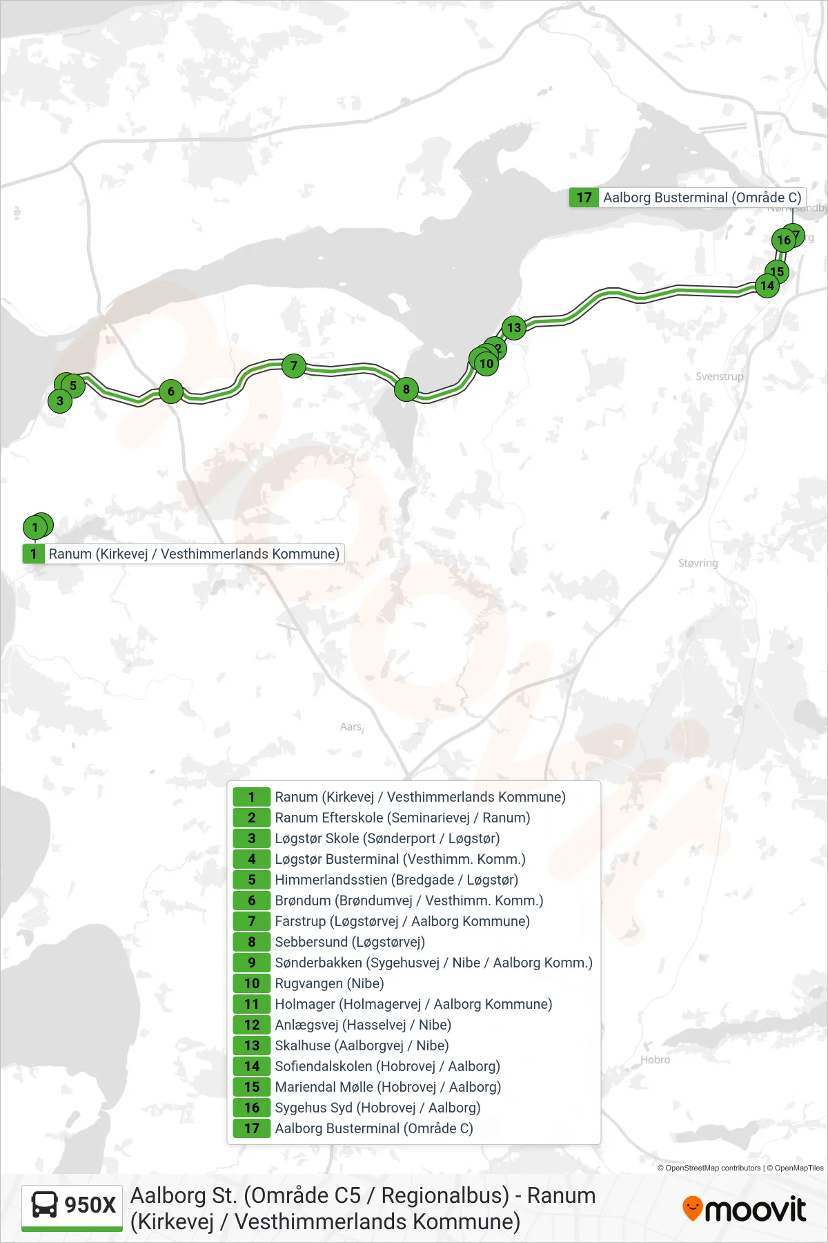 950X bus Linje (Aalborg St.) rute og stop på et kort