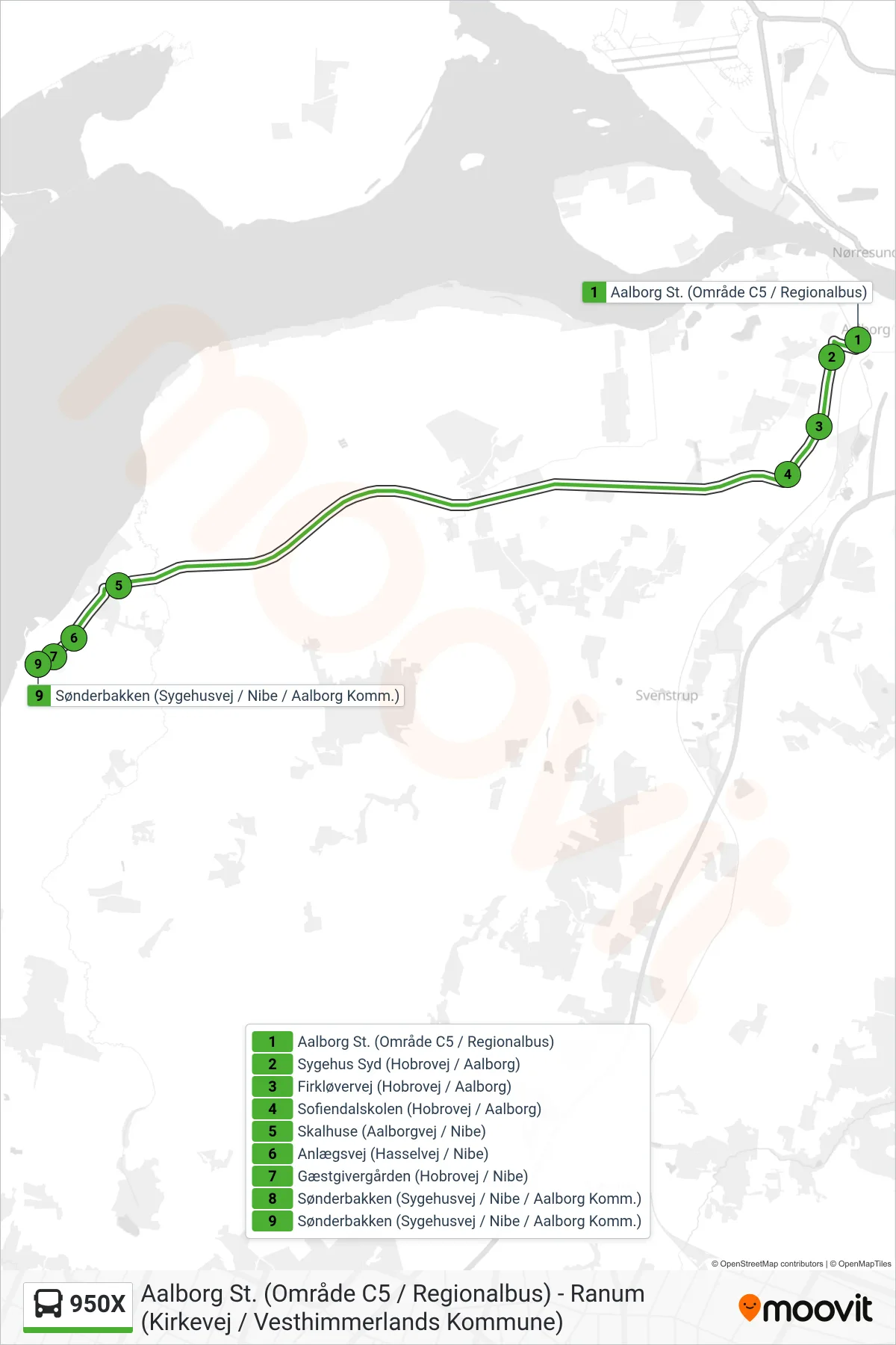 950X bus Linje (Nibe) rute og stop på et kort