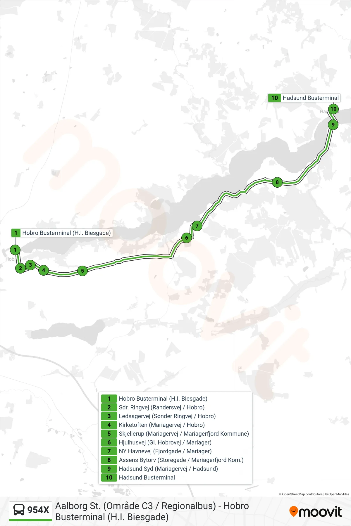 954X bus Linje (Hadsund) rute og stop på et kort