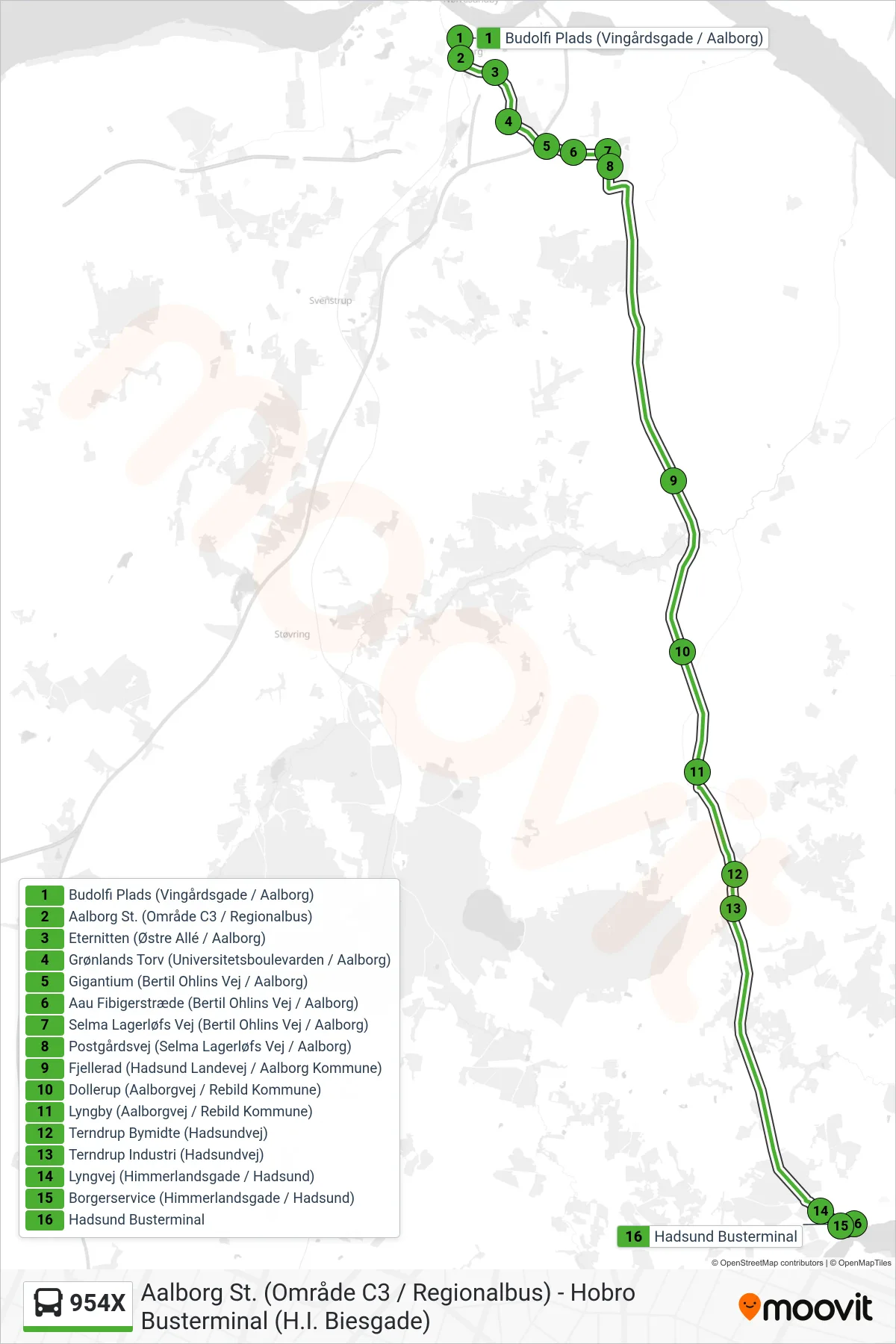 954X bus Linje (Hadsund) rute og stop på et kort