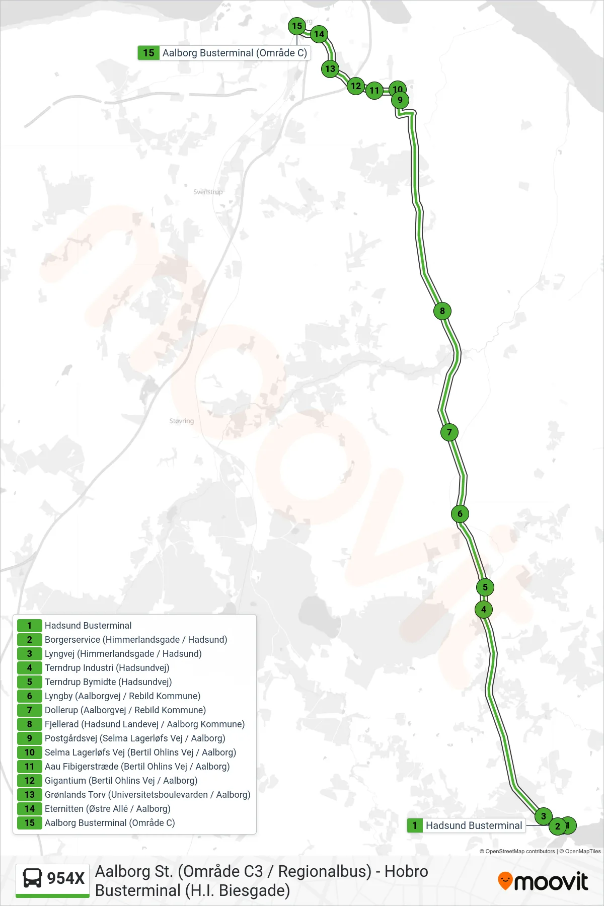 954X bus Linje (Aalborg St.) rute og stop på et kort