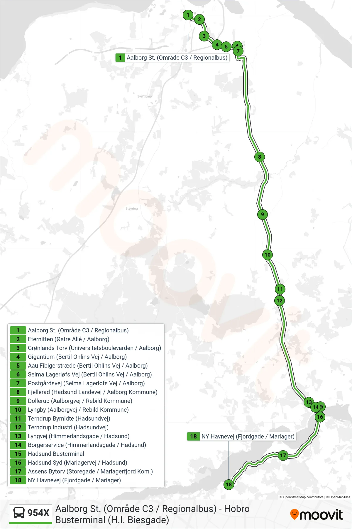 954X bus Linje (NY Havnevej (Fjordgade / Mariager)) rute og stop på et kort