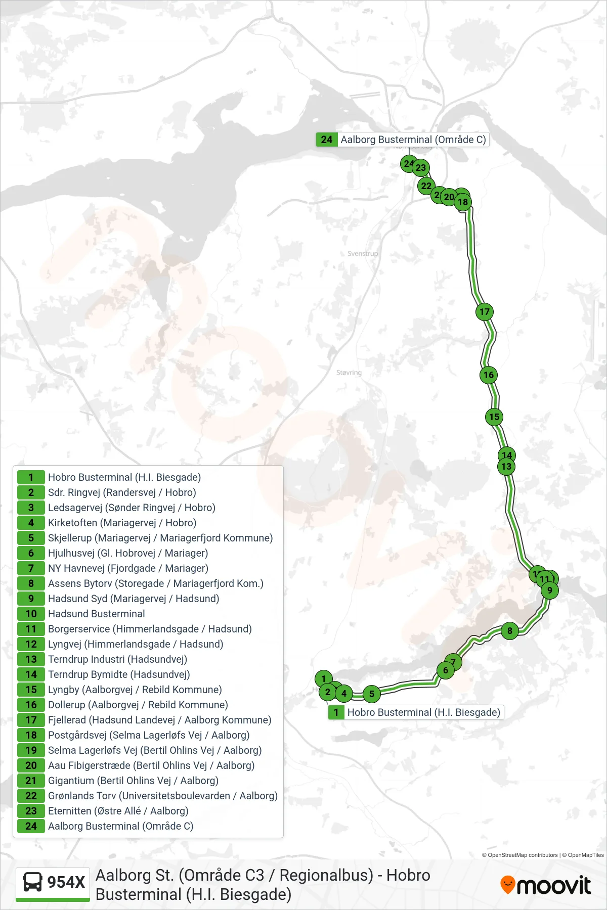 954X bus Linje (Aalborg Via Hadsund) rute og stop på et kort