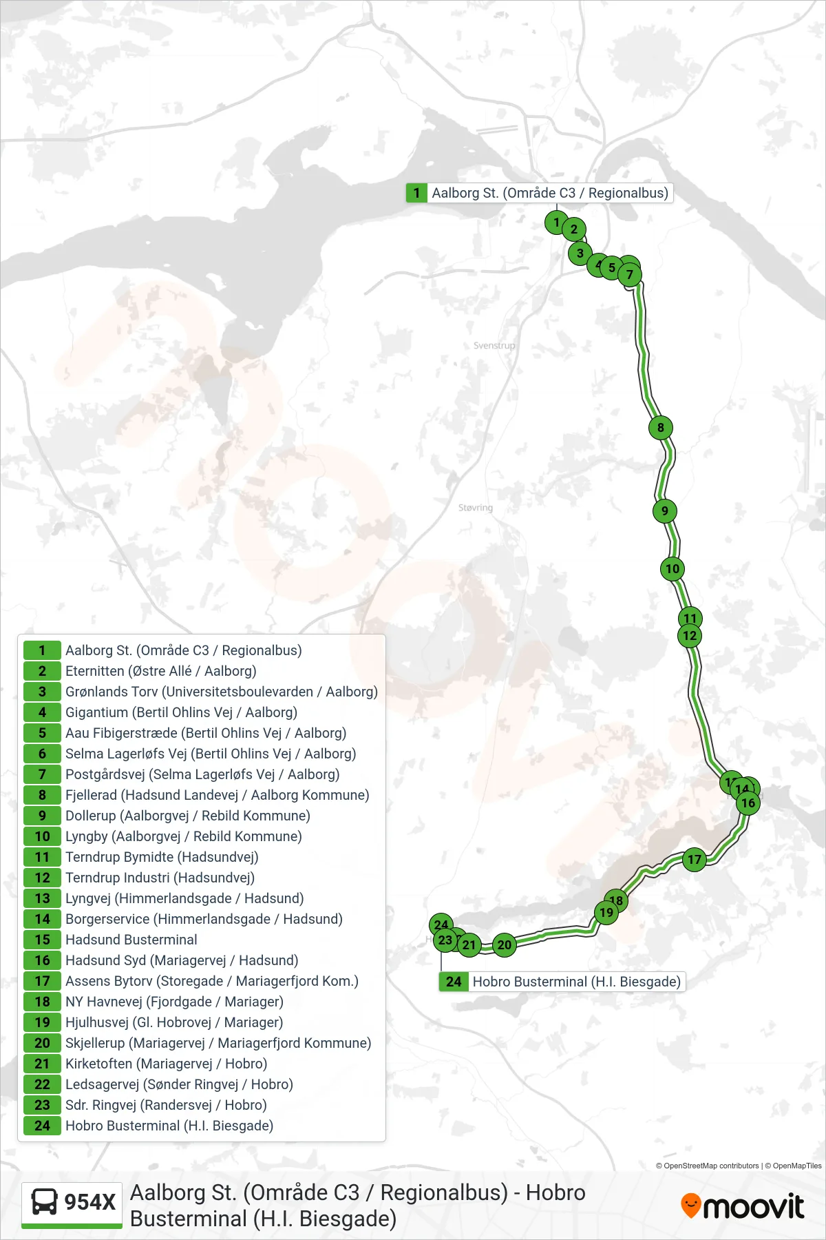 954X bus Linje (Hobro Via Hadsund) rute og stop på et kort