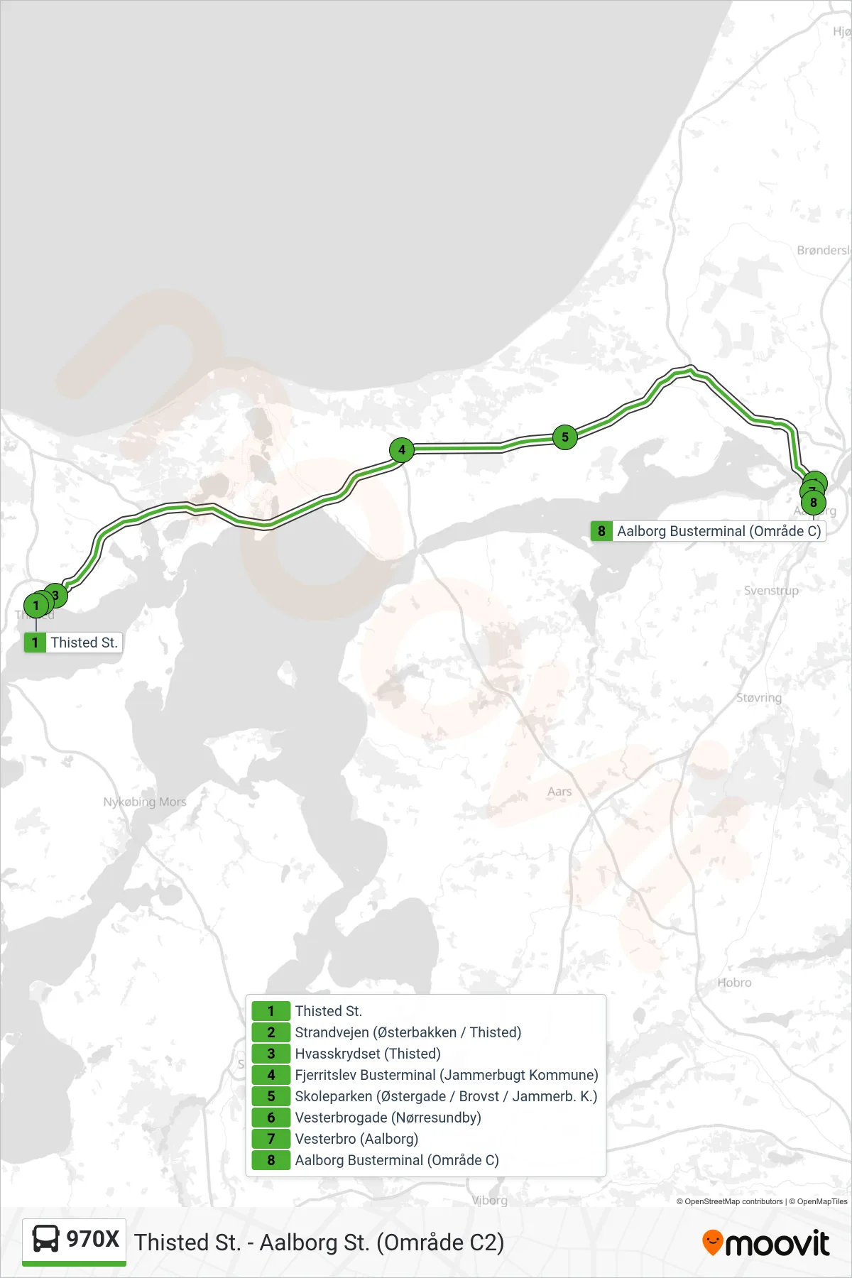 970X bus Linje (Aalborg St. Direkte) rute og stop på et kort