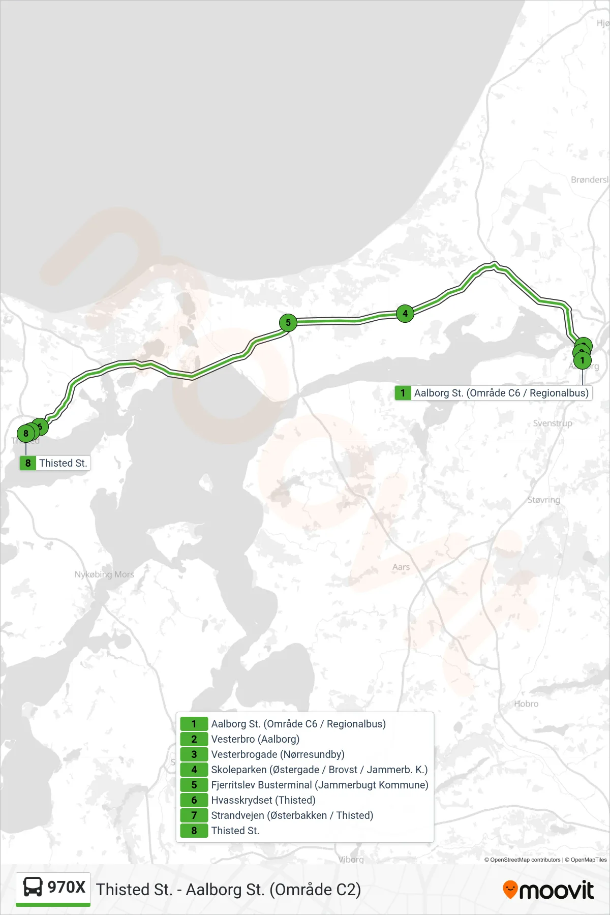 970X bus Linje (Thisted Direkte Via Brovst - Fjerritslev) rute og stop på et kort